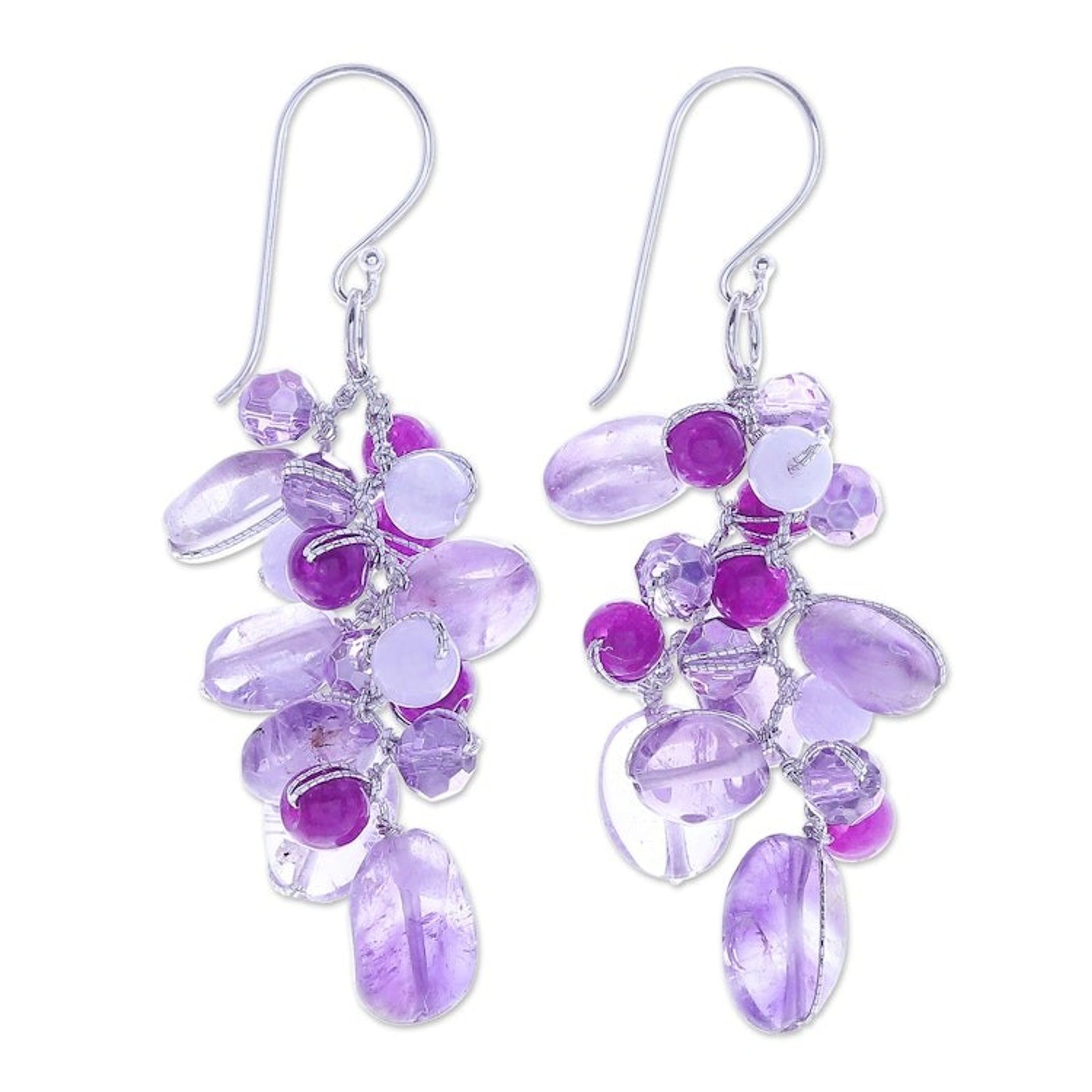 Amethyst and Quartz Beaded Dangle Earrings 'Grape Picking'