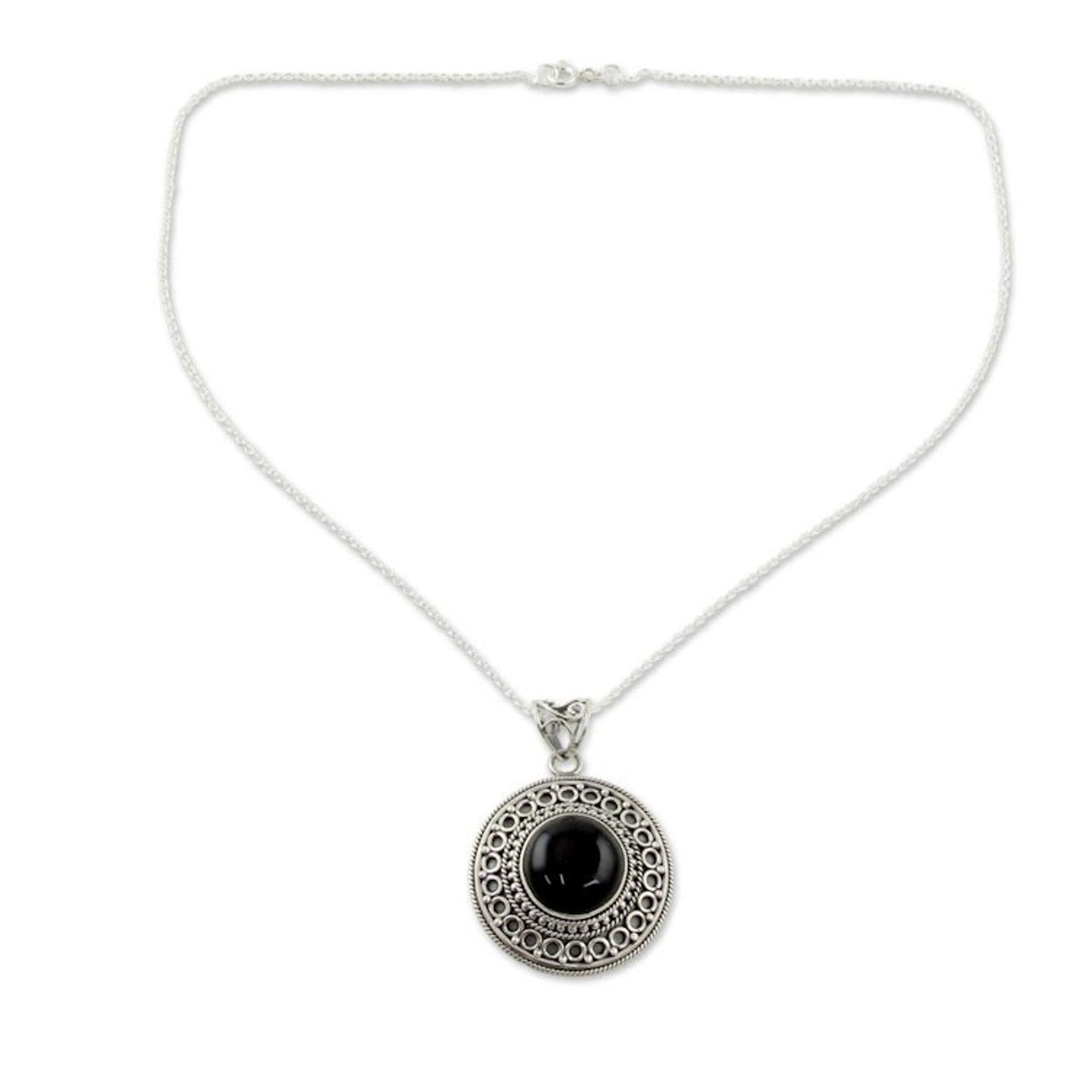 Black Onyx on Sterling Silver Pendant Necklace from India 'Mumbai Medallion'