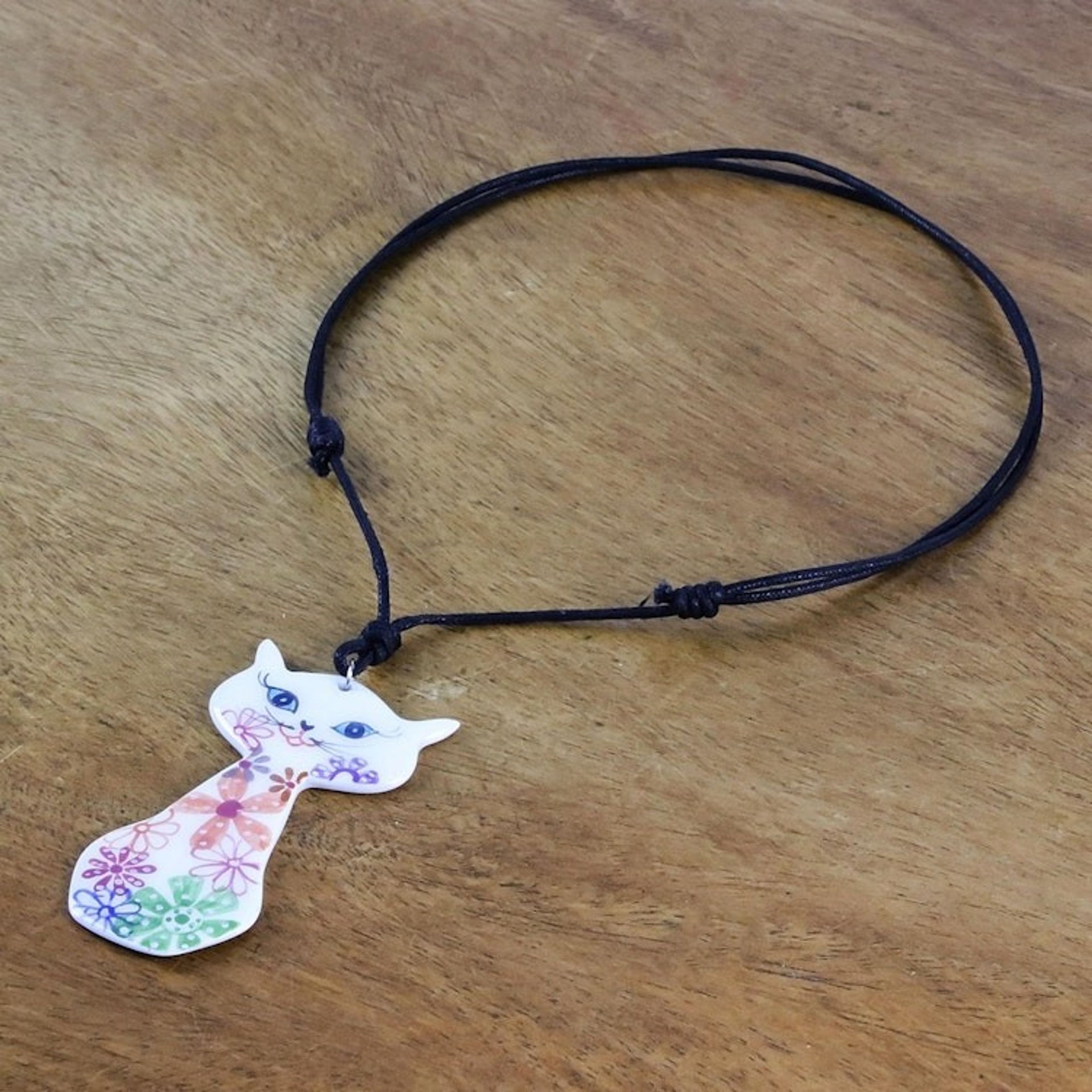 Ceramic Floral Cat Pendant Necklace from Thailand 'Daisy Cat'
