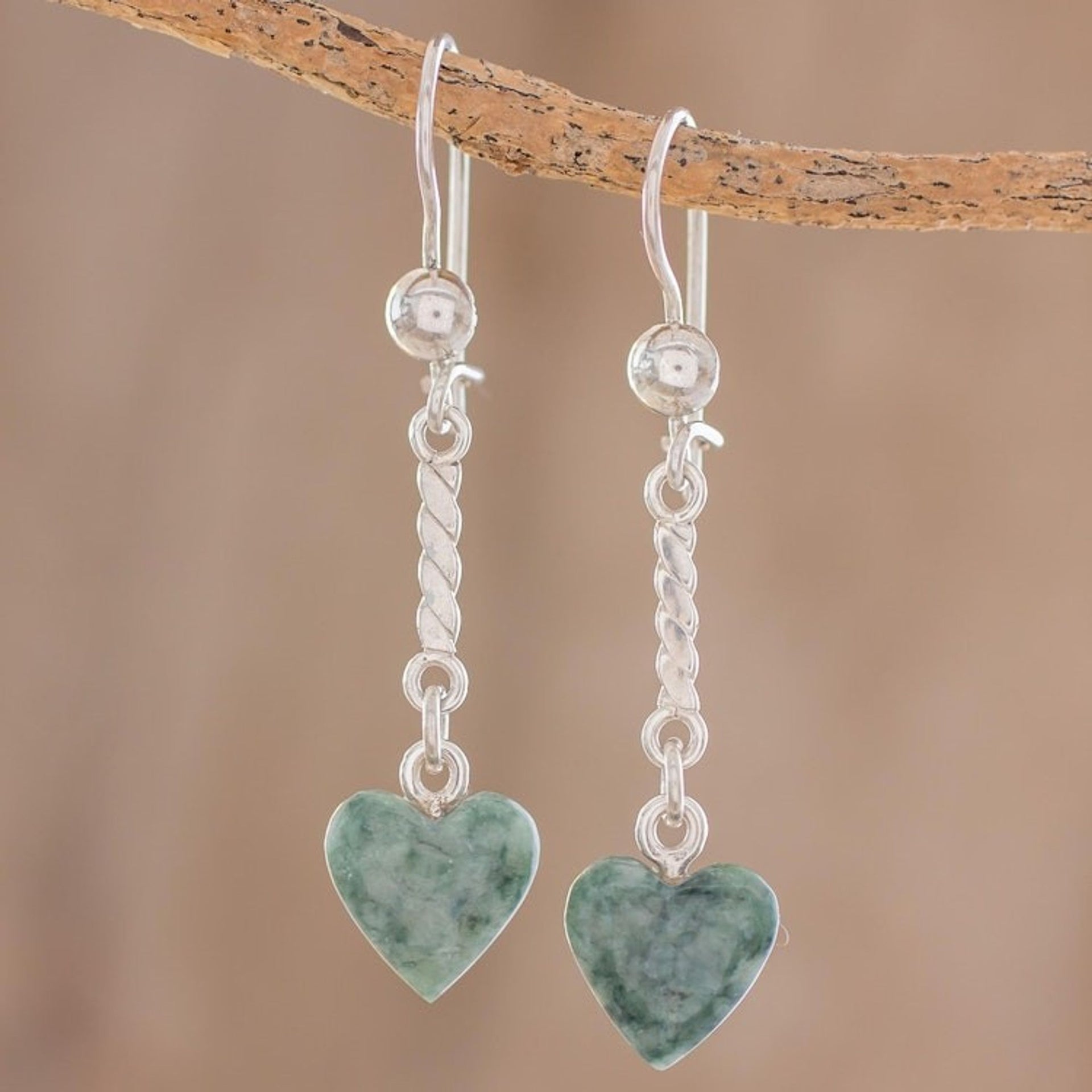 Heart-Shaped Green Jade Dangle Earrings from Guatemala 'Green Spirals of Love'