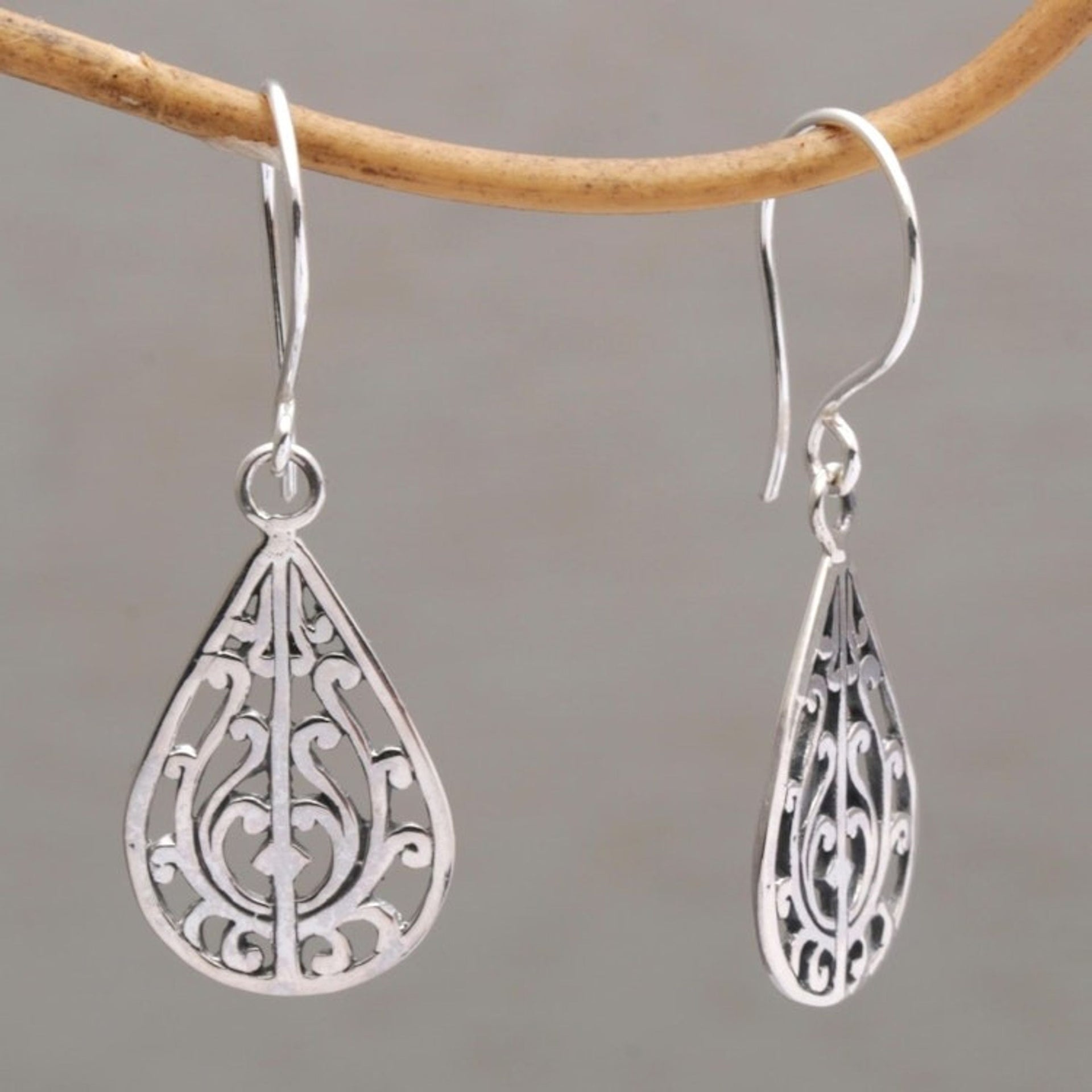 Sterling Silver Drop-Shaped Dangle Earrings from Bali 'Gunungan Vines'