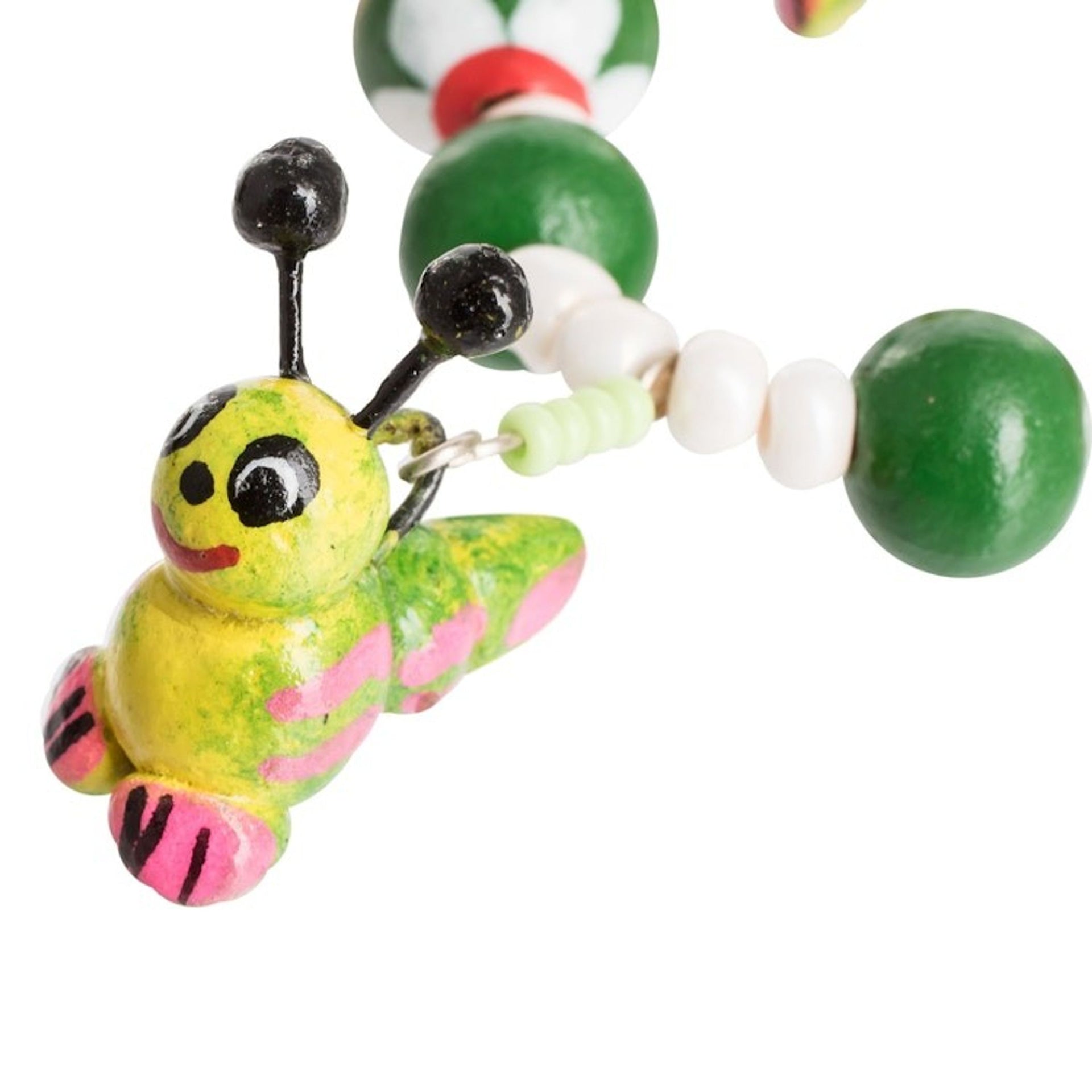 Handcrafted Ceramic Beaded Stretch Bracelet in Green 'Merry Caterpillars'