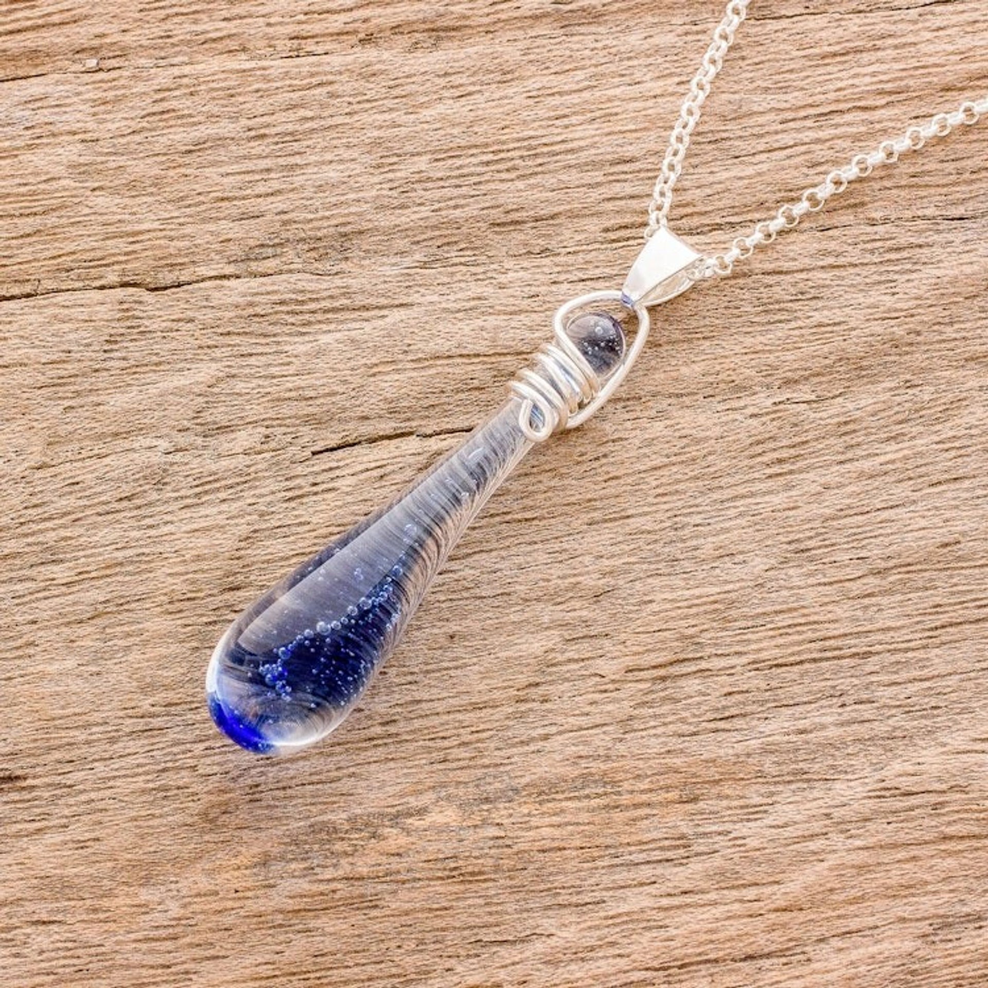 Glass Pendant Necklace in Blue from Costa Rica 'Bubbling Spring'