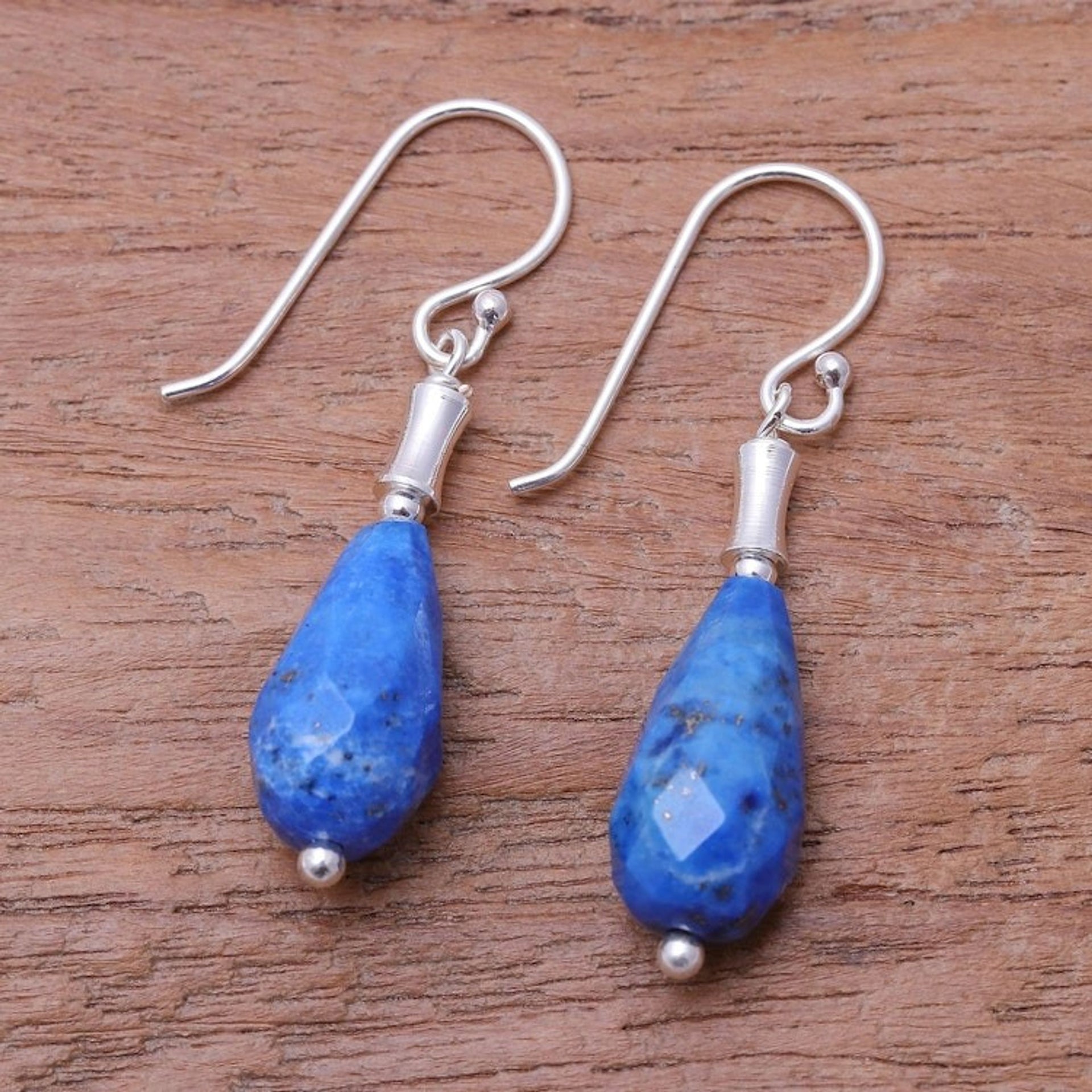 Silver Dangle Earrings with Drop-Shaped Lapis Lazuli Stones 'Blue Dew Drop'