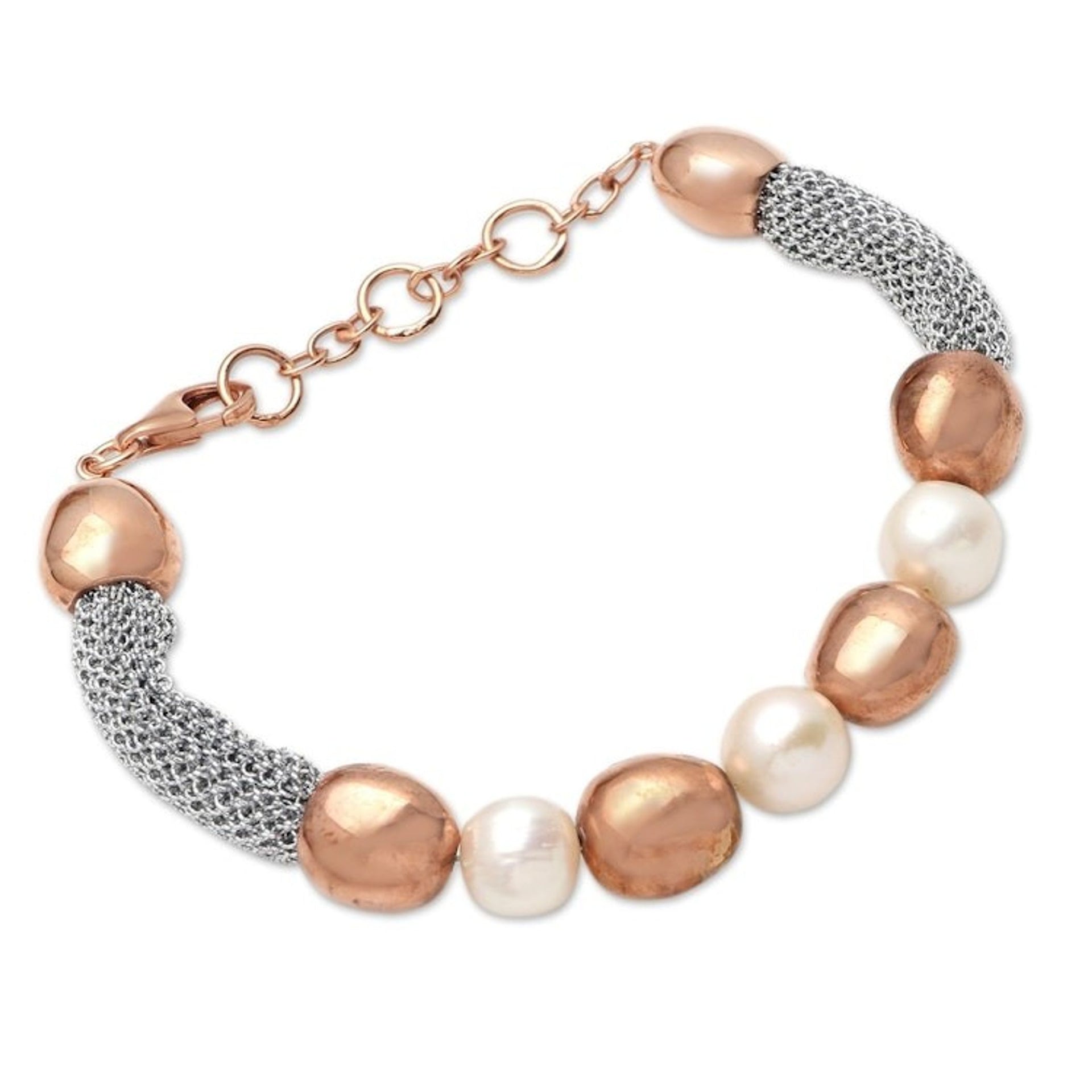 Handmade Rose Gold-Plated Cultured Pearl Beaded Bracelet 'Golden Waters'