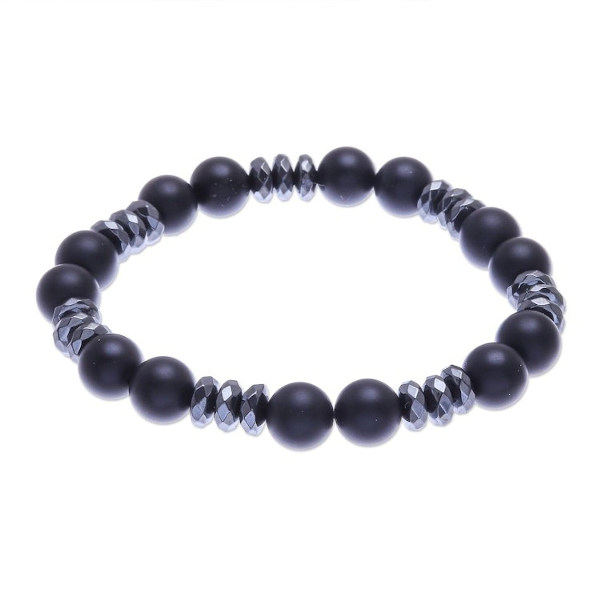 Hand Crafted Onyx and Hematite Beaded Bracelet 'Cool Night'