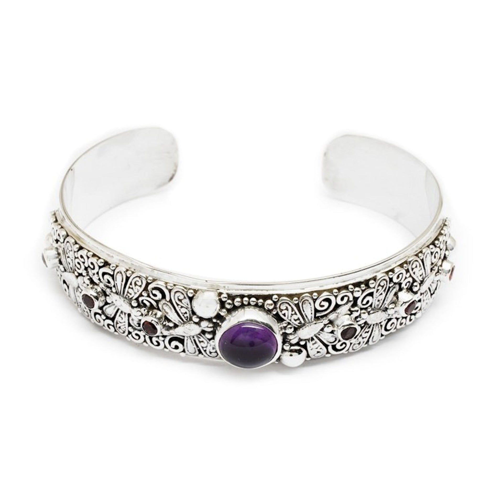 Folk Art-Themed Amethyst and Garnet Dragonfly Cuff Bracelet 'Dragonfly Arcadia'