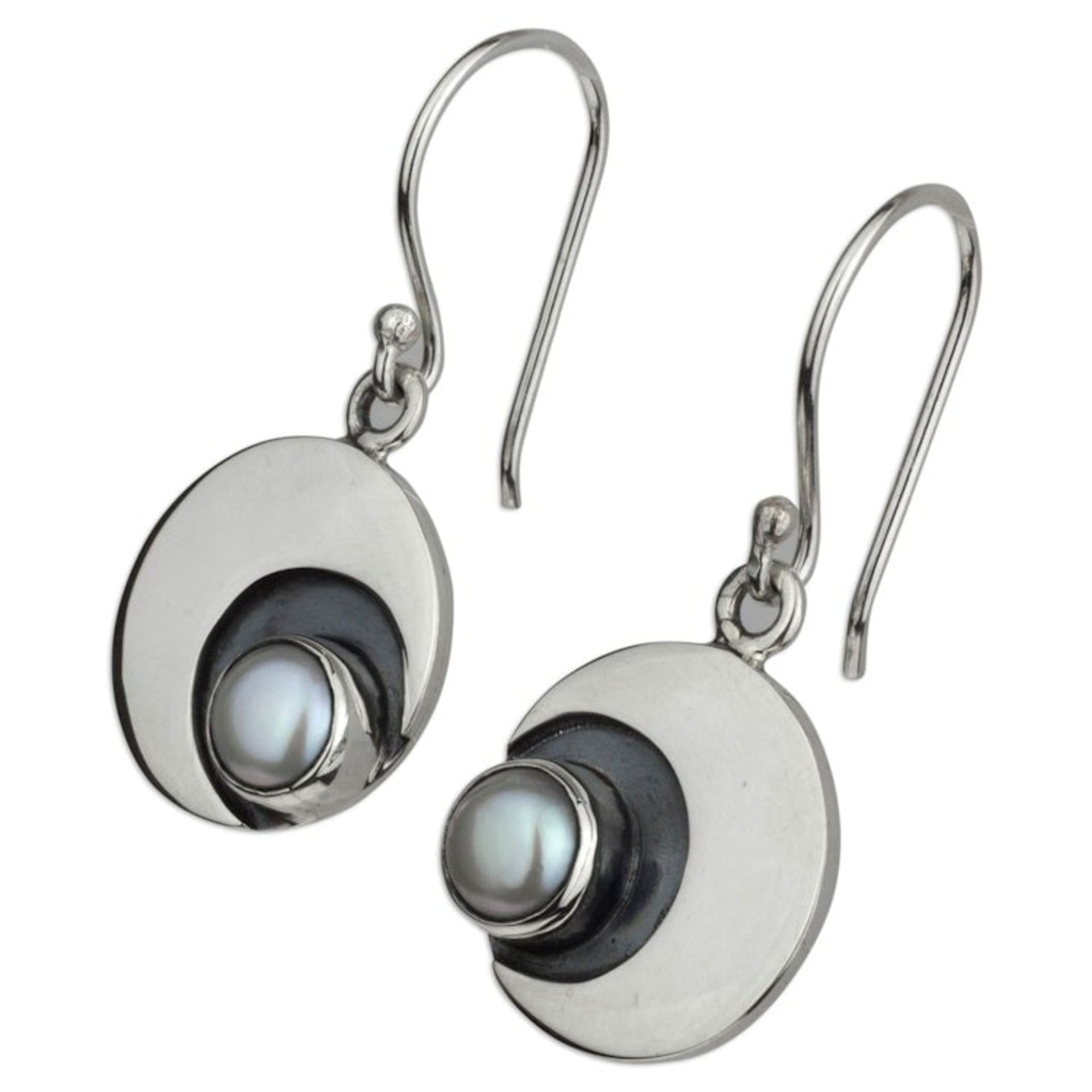 950 Silver and Pearl Dangle Moon Earrings from Taxco 'Iridescent Moon'
