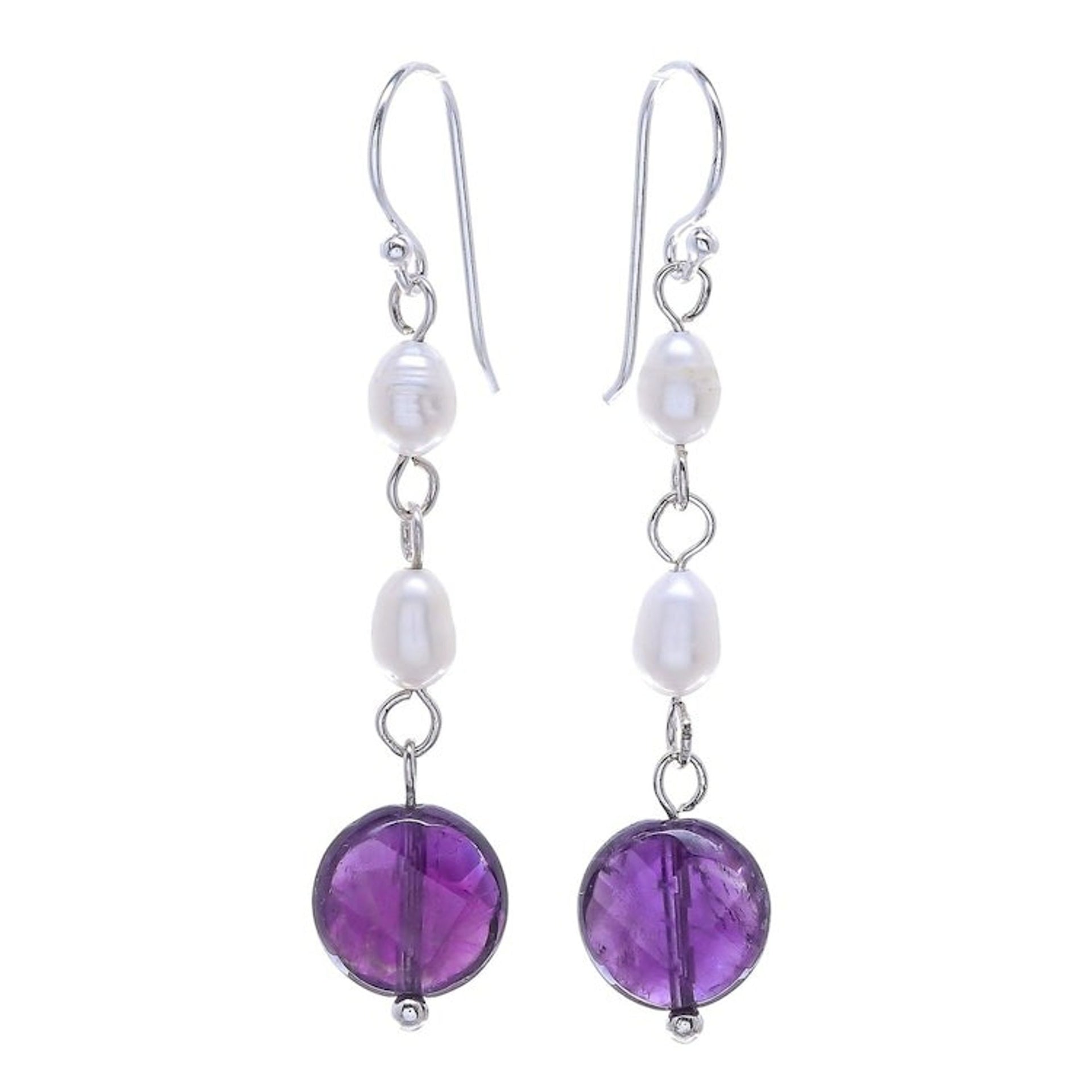 Handmade Amethyst and Cultured Pearl Dangle Earrings 'Purple Night'