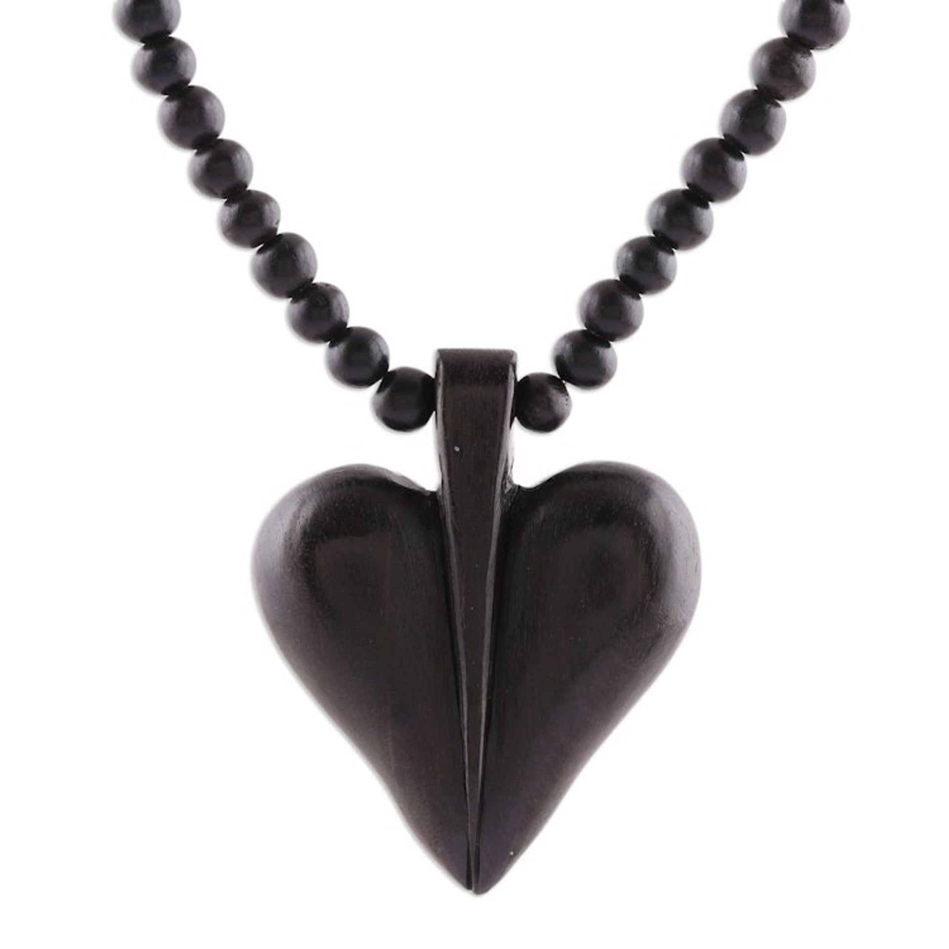 Heart-Shaped Ebony Wood Beaded Pendant Necklace 'Heart Adoration'