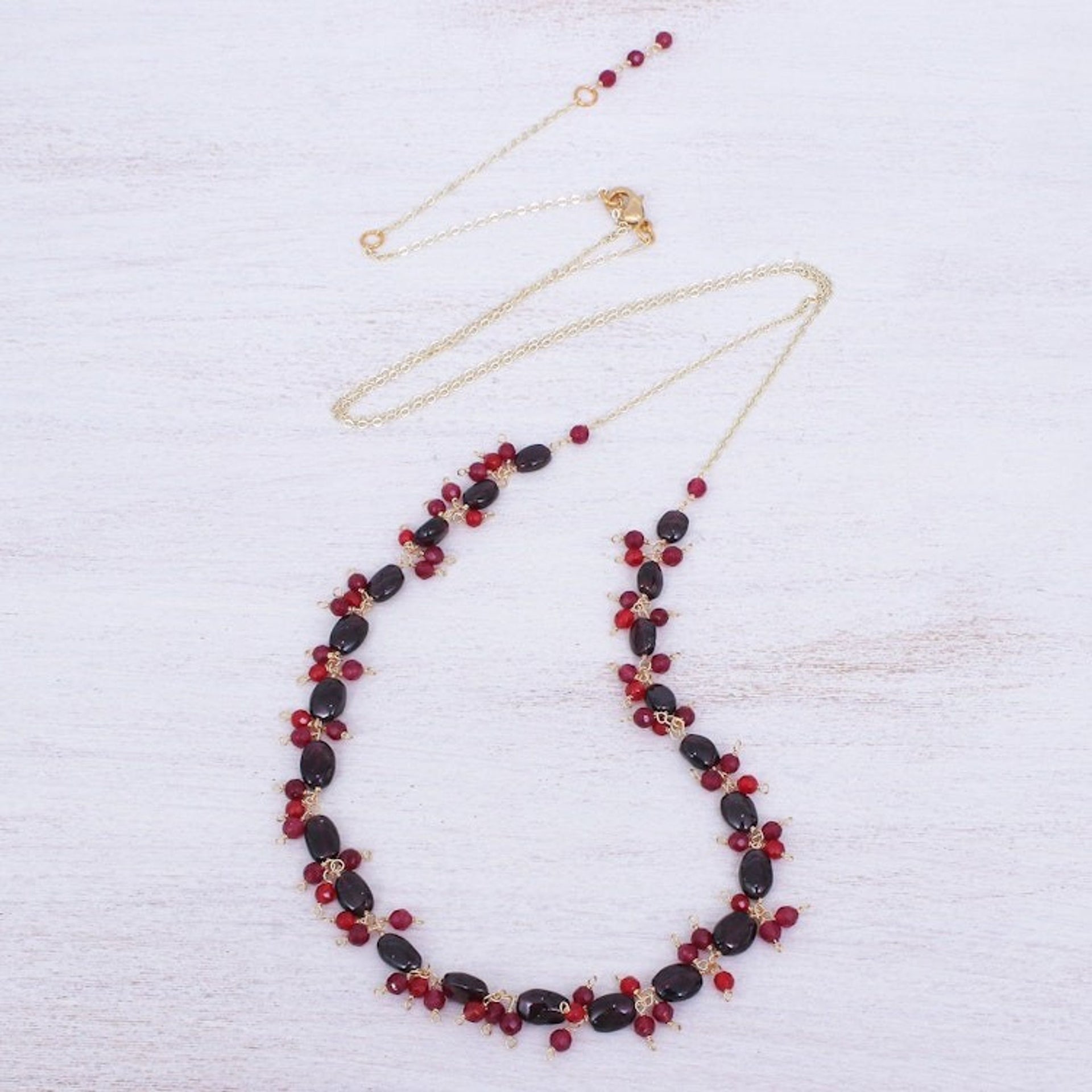 Gold Plated Necklace with Quartz and Garnet Beads 'Sunset Mood in Red'