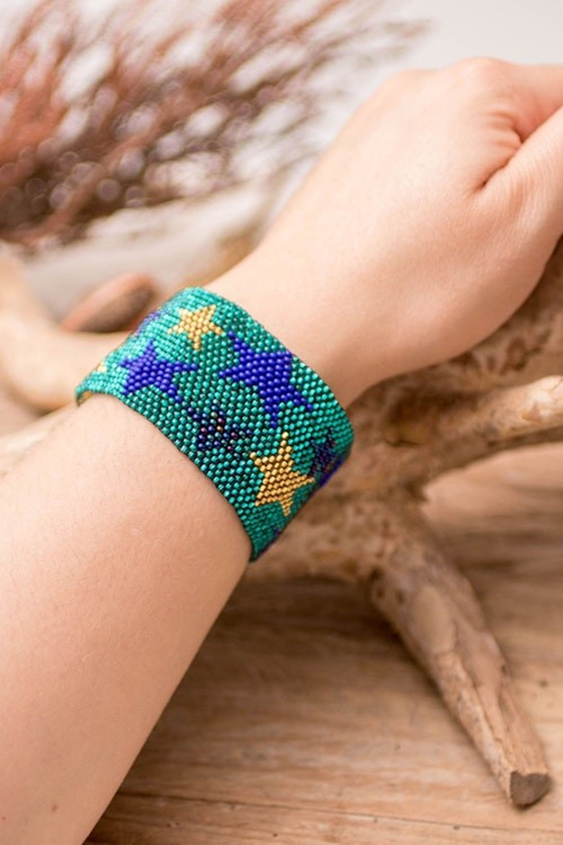 Teal Star Motif Beaded Wristband Bracelet 'Constellation in Teal'