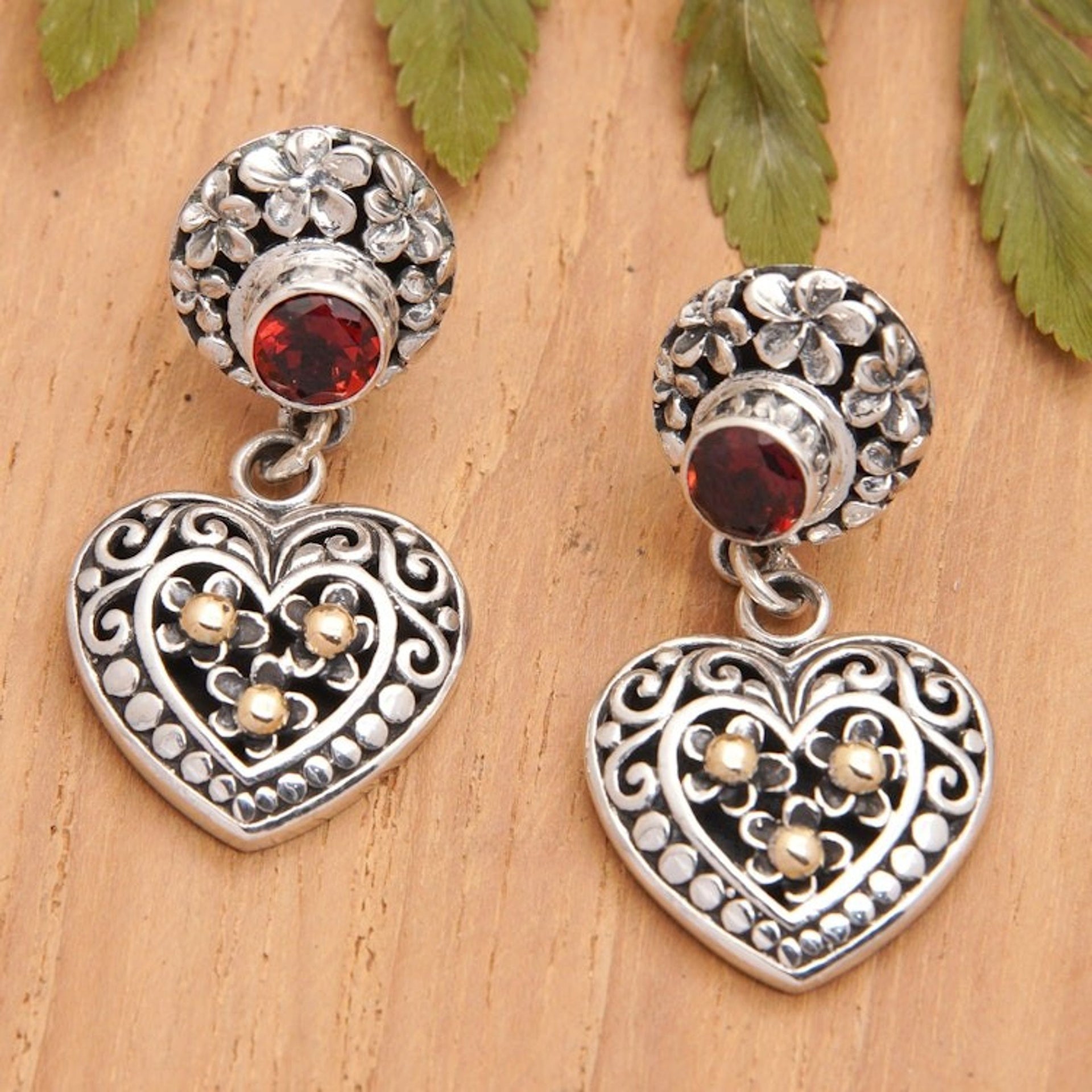 925 Silver Heart Dangle Earrings with Garnet Gold Accents 'Frangipani Heart'