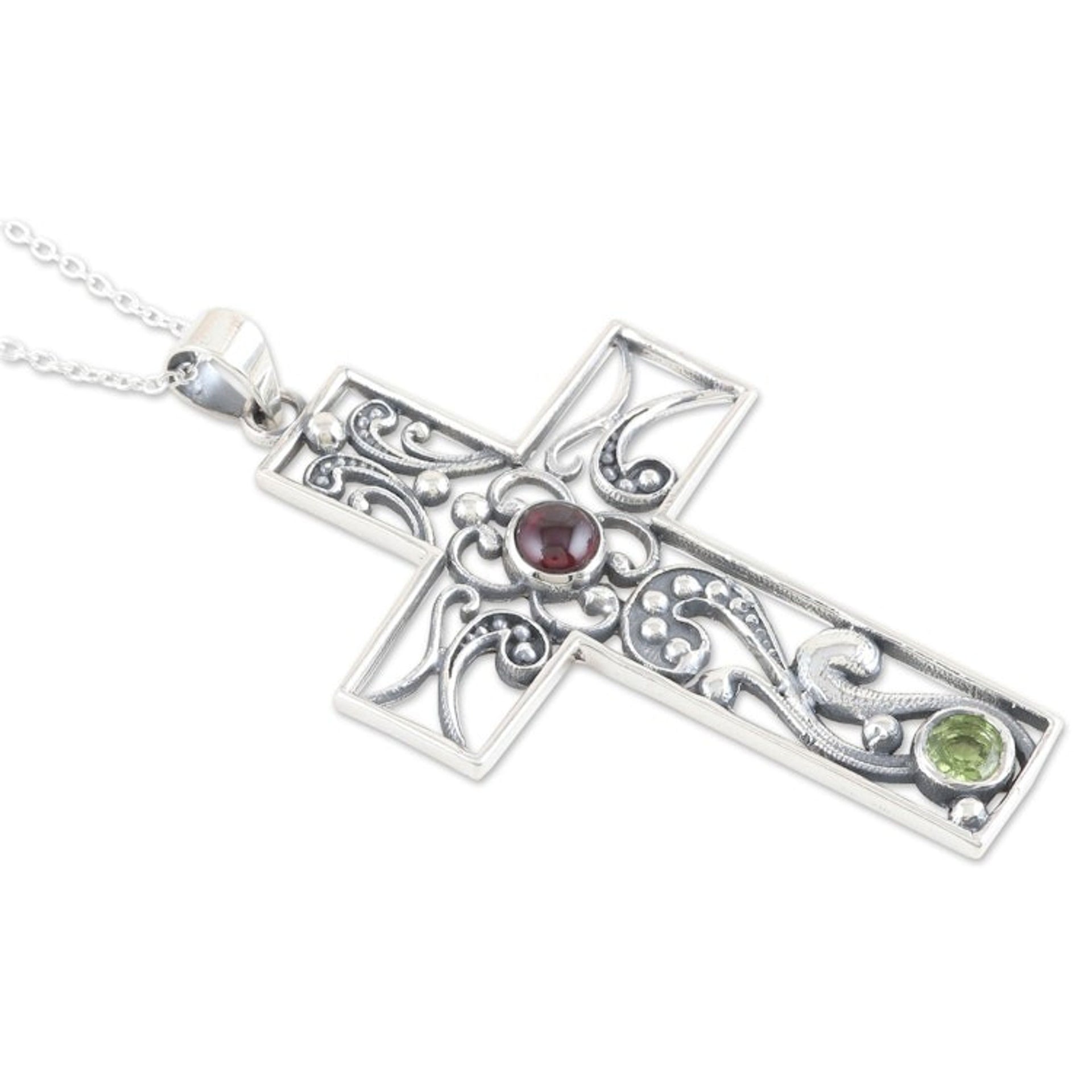Sterling Silver Cross Pendant Necklace with Garnet  Peridot 'Hope Cross'