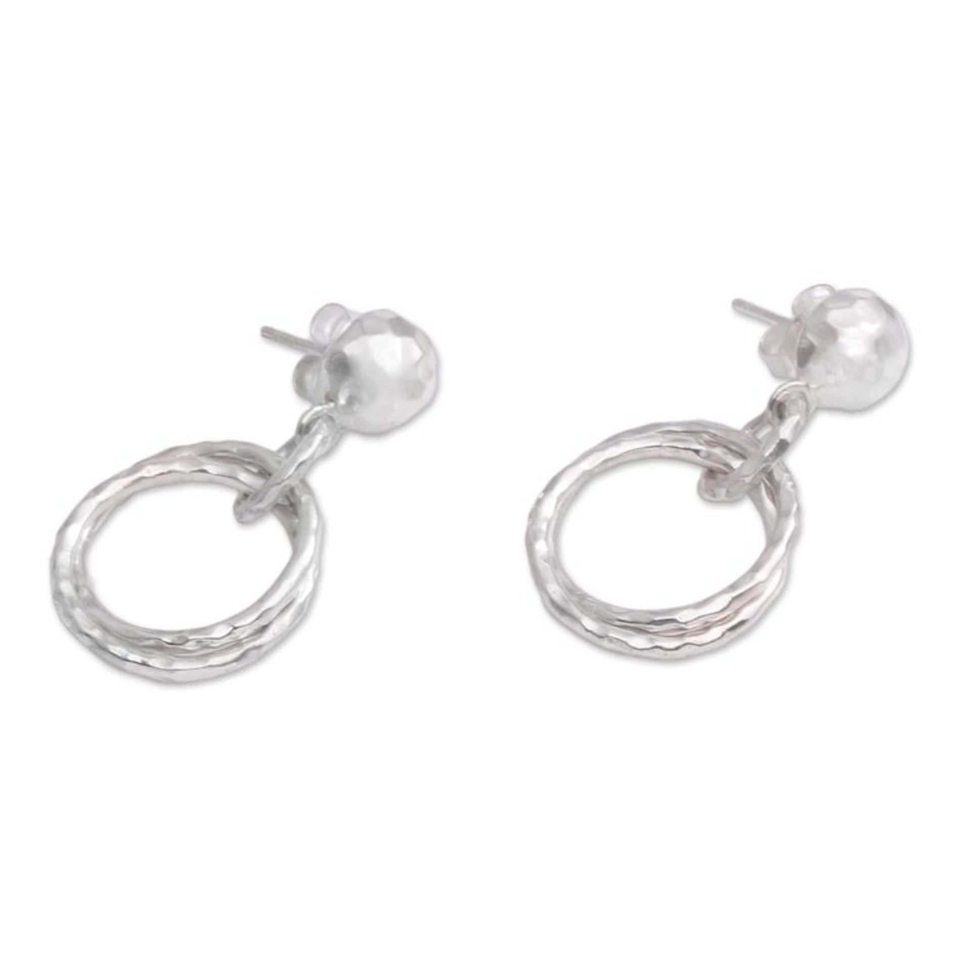 Circular Sterling Silver Dangle Earrings from Bali 'Glistening Hoops'