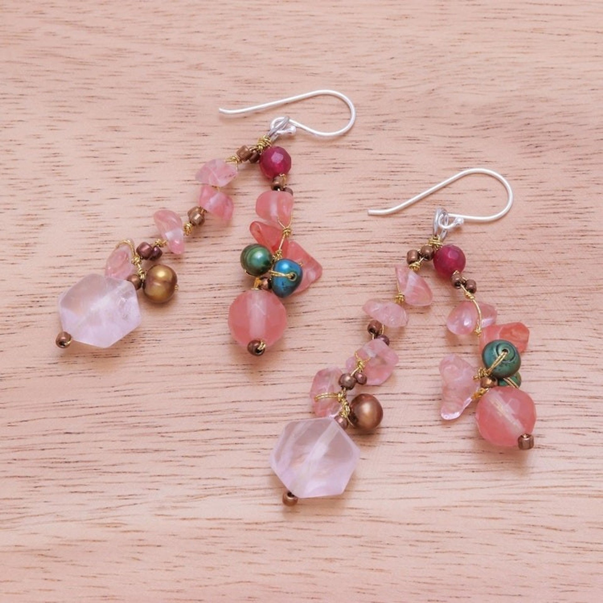 Rose Quartz and Cultured Pearl Dangle Earrings 'Translucent Rose'