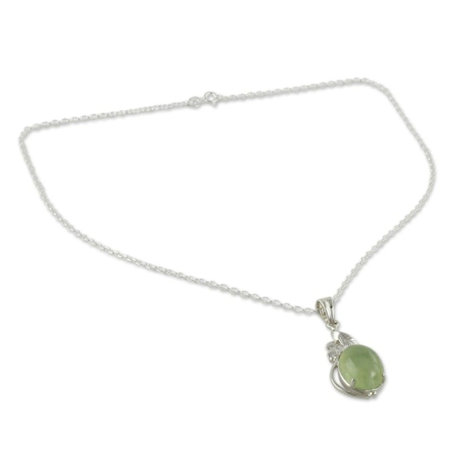 Sterling Silver Necklace with Prehnite Leafy Pendant 'Mystic Treasure'