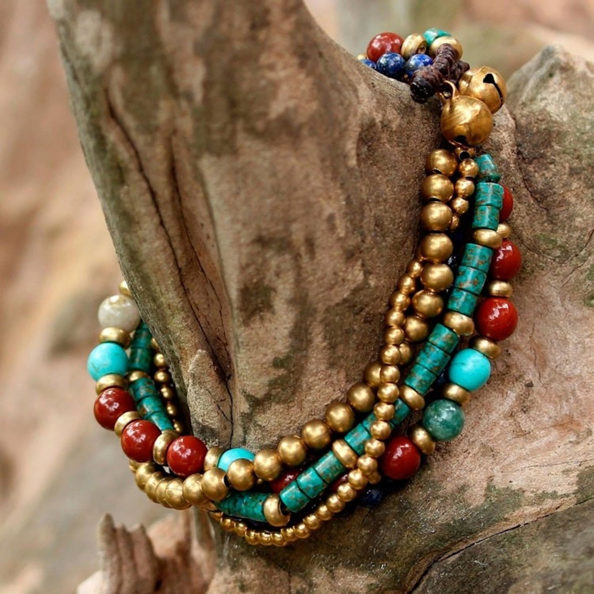 Multi Gemstone Beaded Bracelet from Thailand 'Beads and Bells'