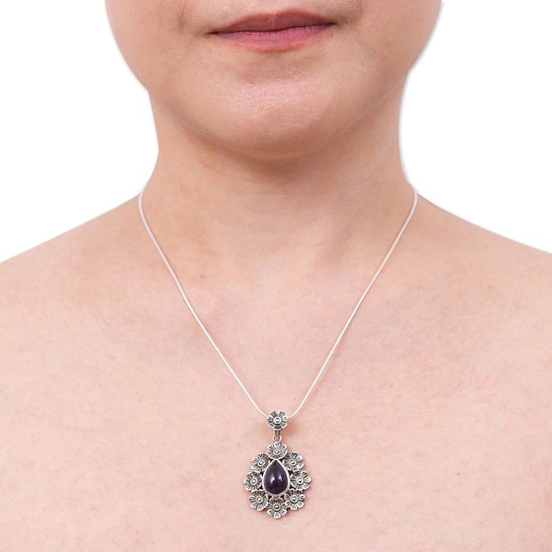 Natural Amethyst Cabochon Pendant Necklace with Floral Motif 'Crowned Beauty in Purple'