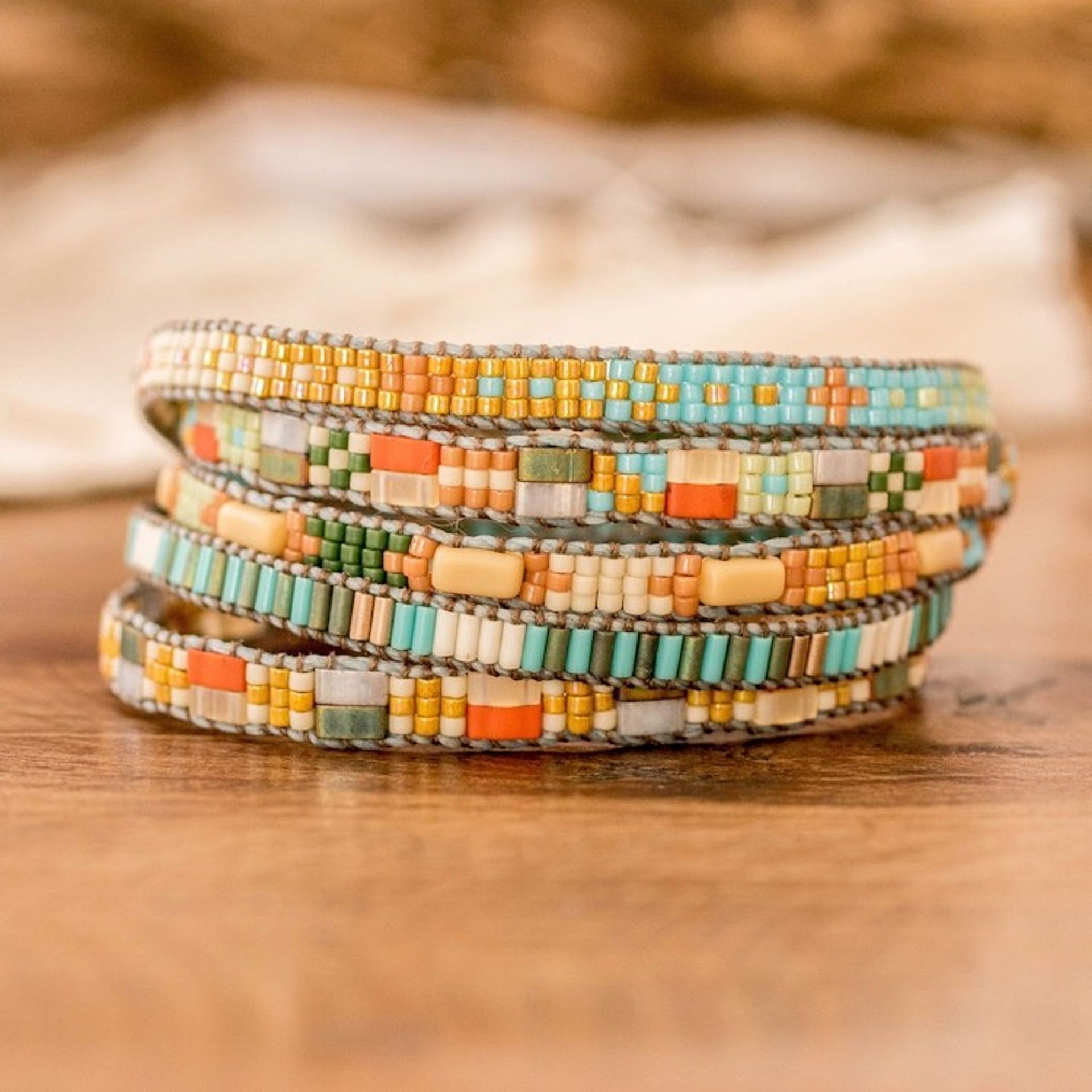 Hand-Loomed Bohemian Beaded Wrap Bracelet in Vibrant Hues 'Dawn Radiance'