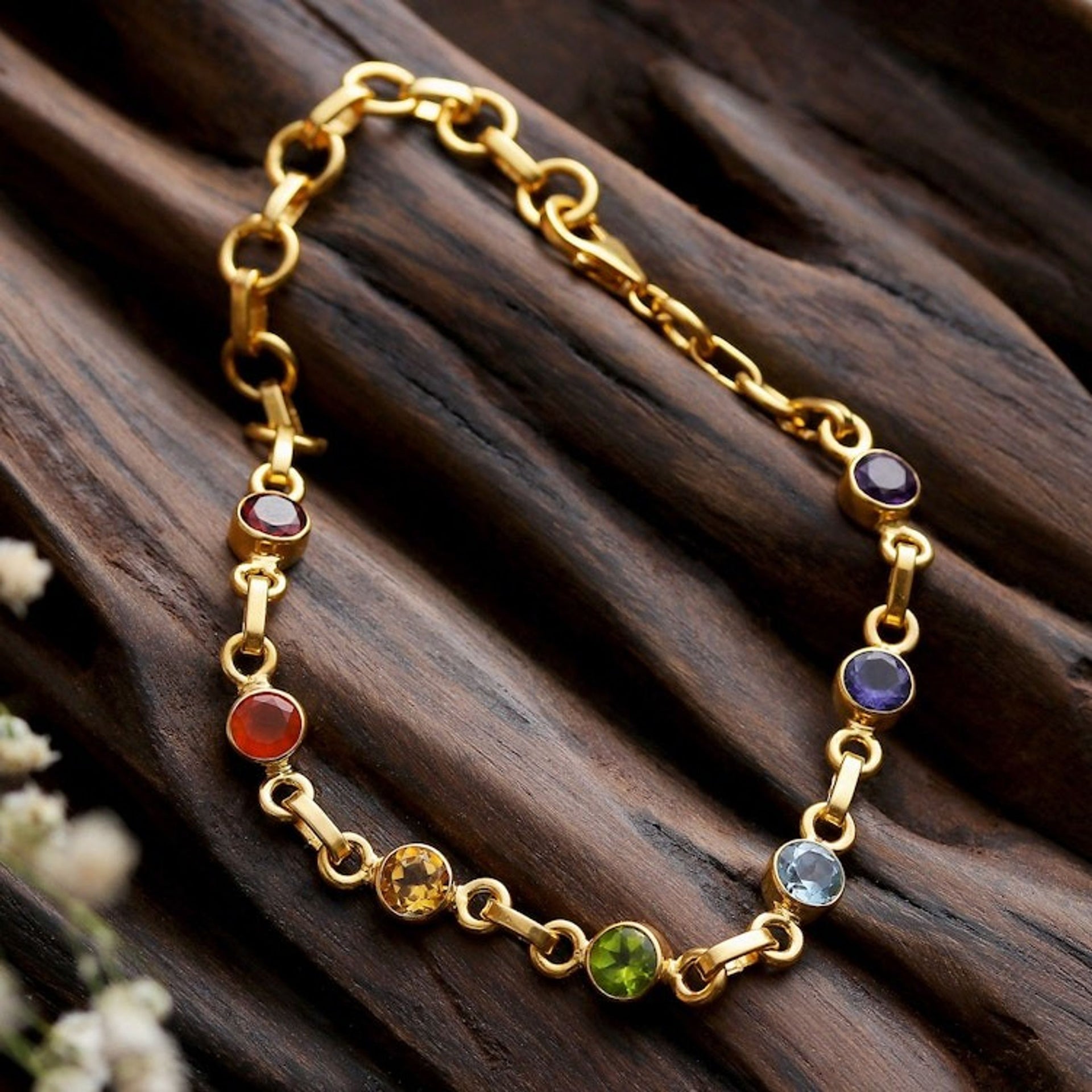 22k Gold-Plated Round Multi-Gemstone Chakra Bracelet 'Inner Universe'