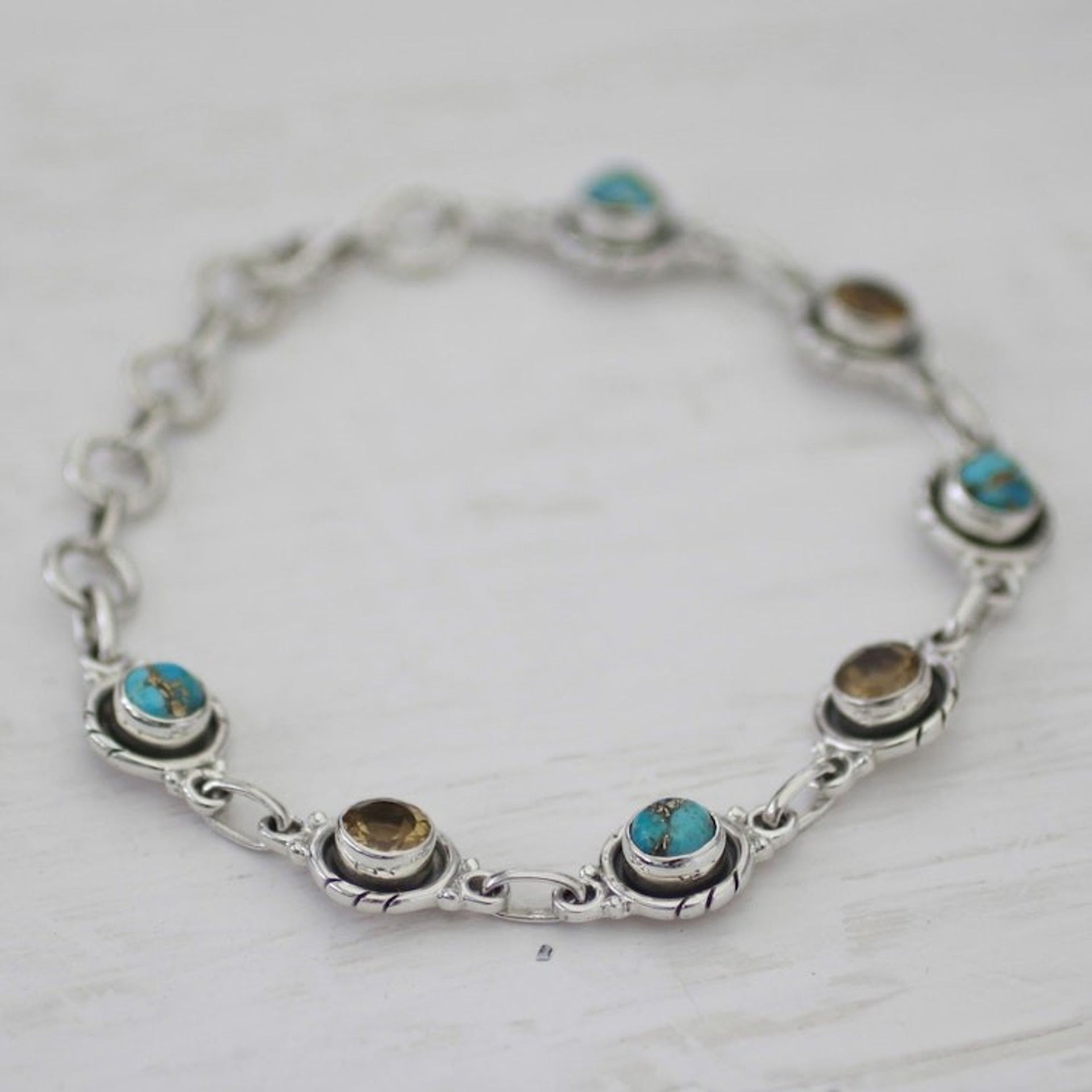 Sterling Silver and Citrine Link Bracelet from India 'Sunshine Medley'