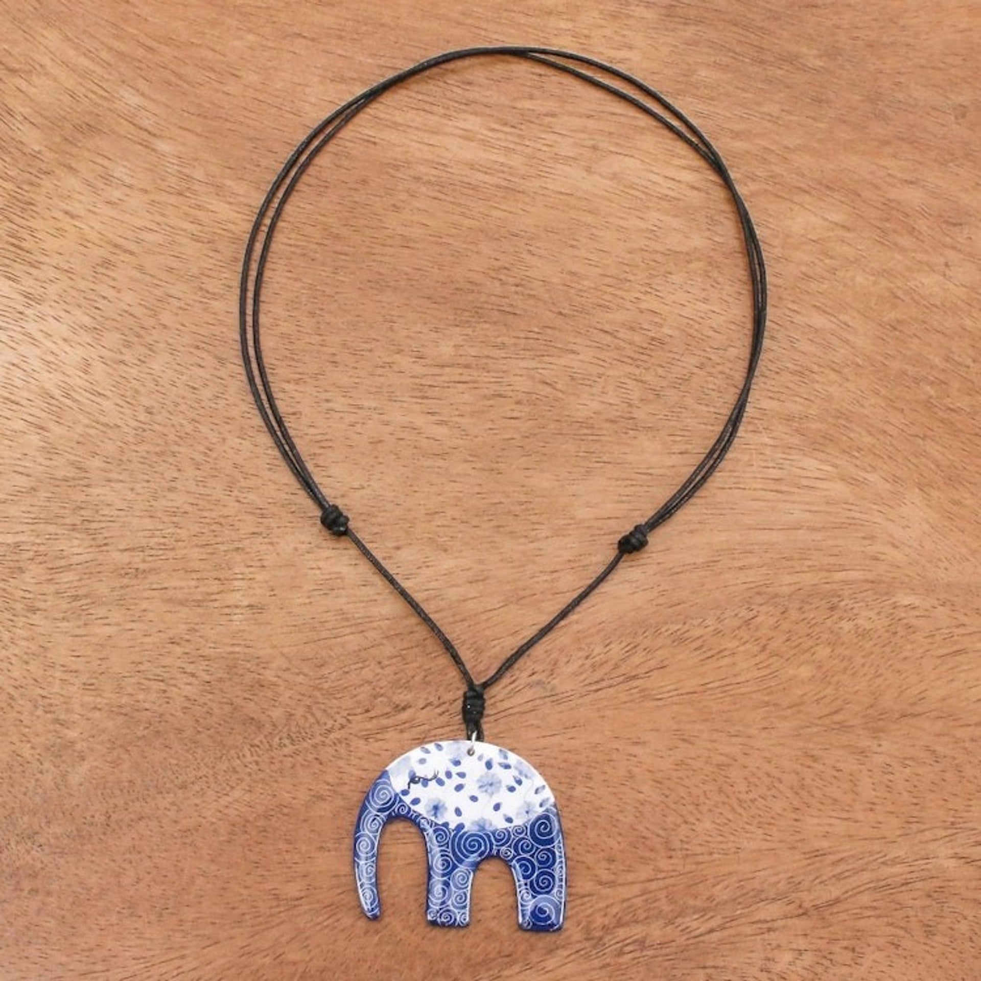 Blue and White Floral Elephant Ceramic Pendant Necklace 'Dark Floral Elephant'