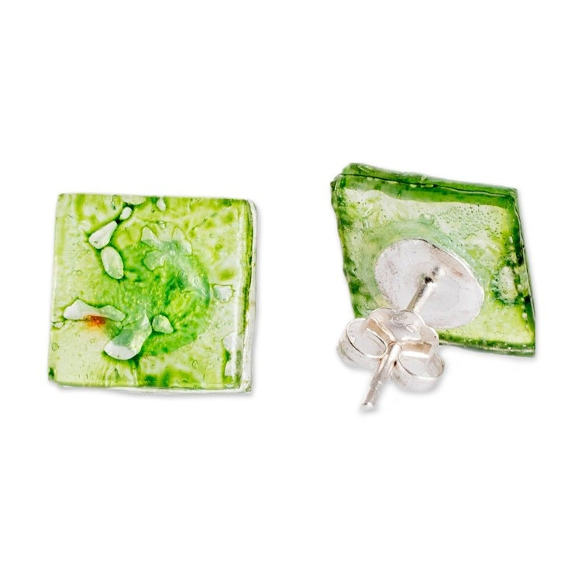 Eco-Friendly Geometric Green Recycled CD Button Earrings 'Bubble Vision in Green'