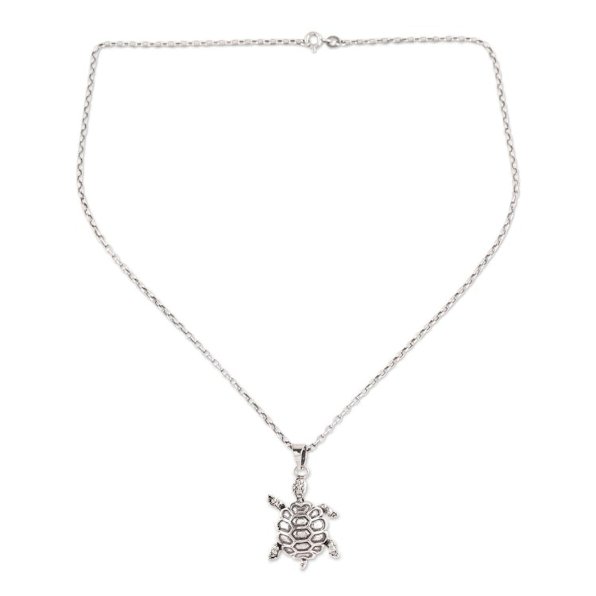 Sterling Silver Turtle Pendant Necklace from India 'Turtle Friend'