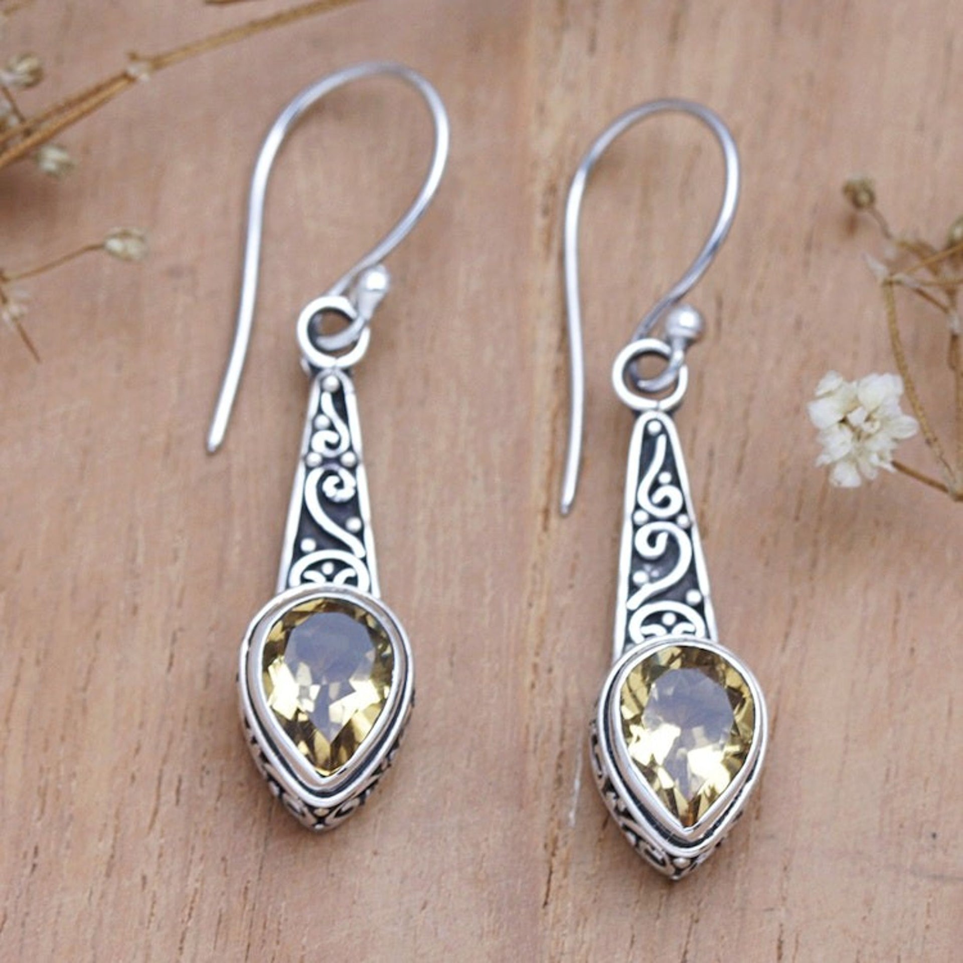 Faceted One-Carat Citrine Dangle Earrings Crafted in Bali 'Yellow Balinese Heaven'