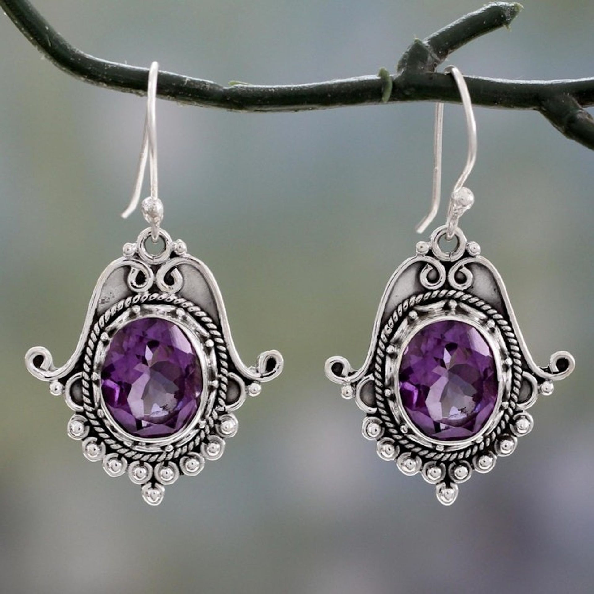Ornate Amethyst and Sterling Silver Dangle Earrings 'Jaipuri Glam'