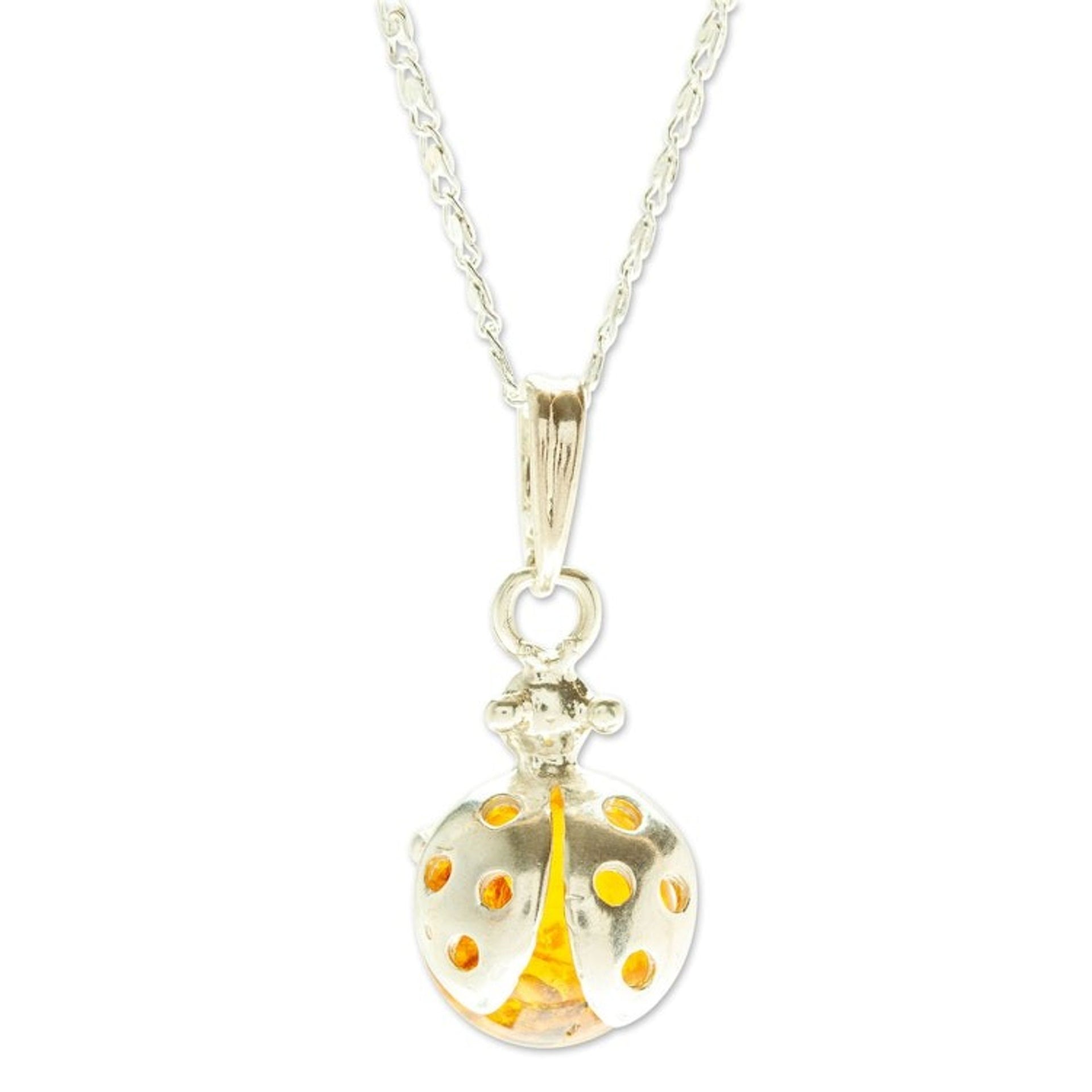 925 Sterling Silver and Amber Pendant Necklace from Mexico 'Bright Ladybug'
