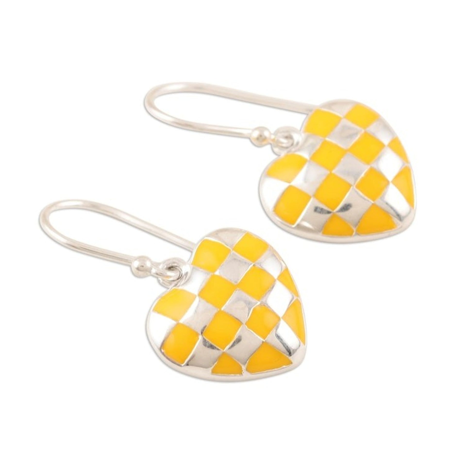 Checkered Sterling Silver Dangle Earrings 'Checkered Heart in Yellow'
