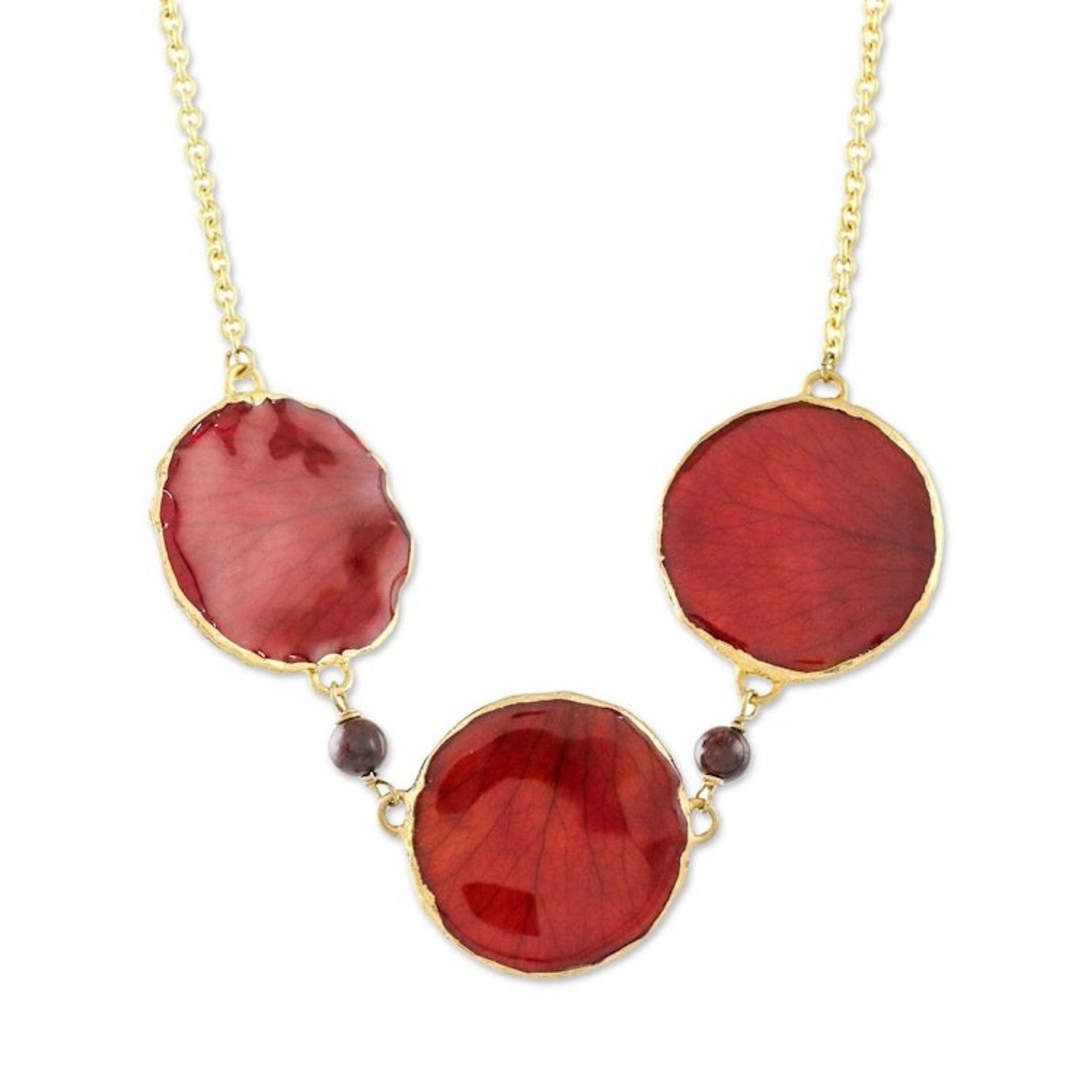 Garnet and Gold Plated Natural Rose Petal Pendant Necklace 'Harvest Rose'