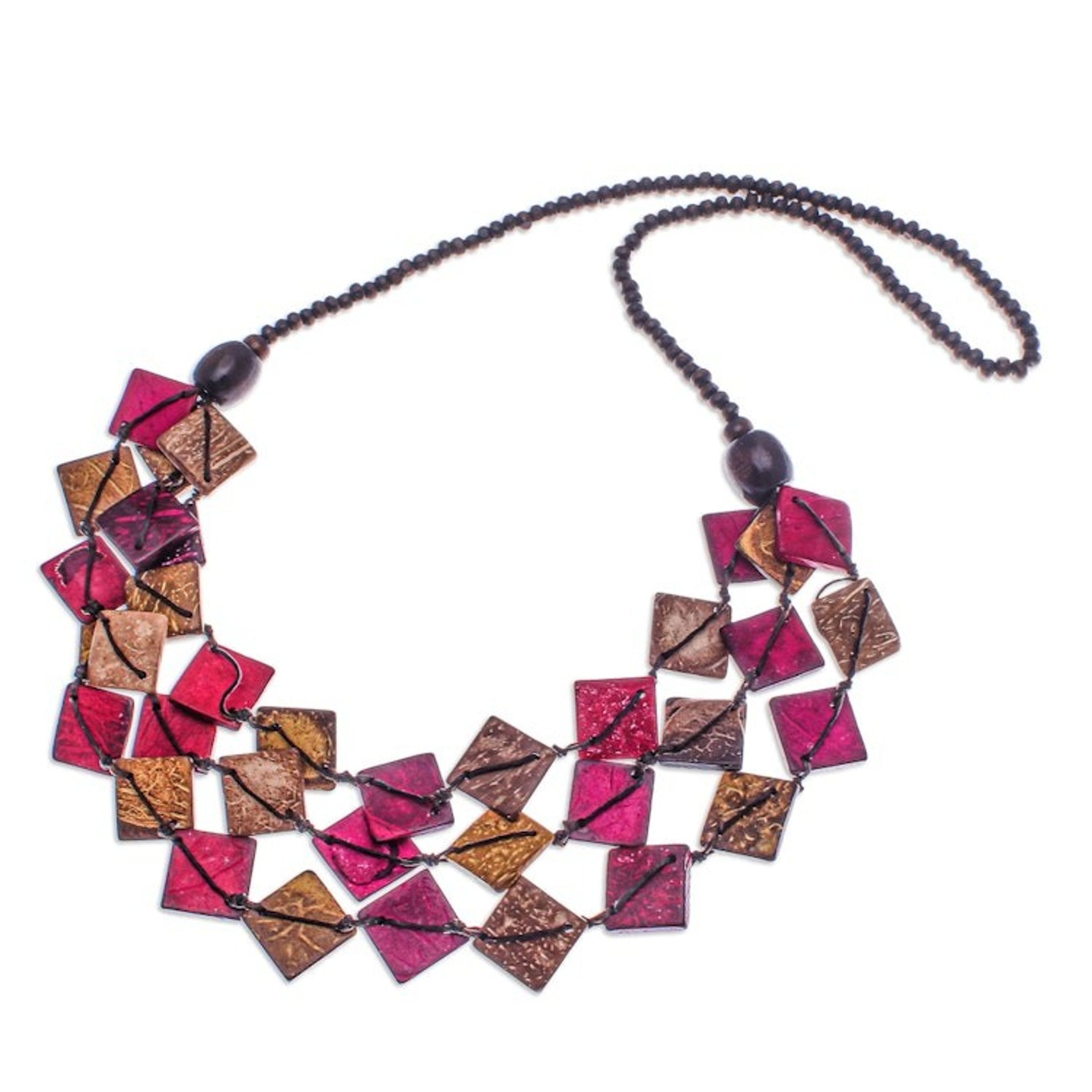 Pink and Golden Coconut Shell Beaded Strand Necklace 'Tender Diamonds'