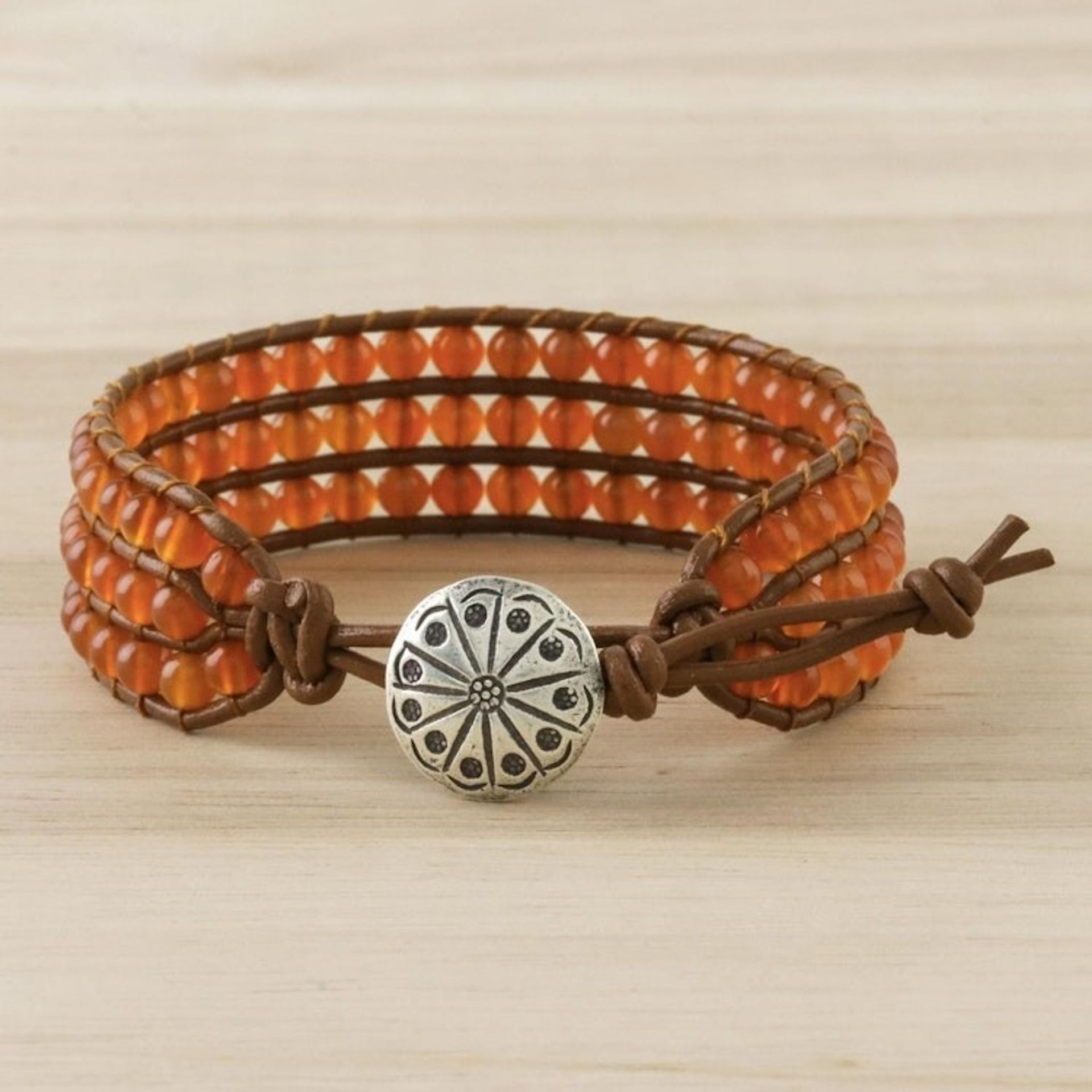 Carnelian Bead and Karen Silver Button Wristband Bracelet 'Sunlit Dawn'