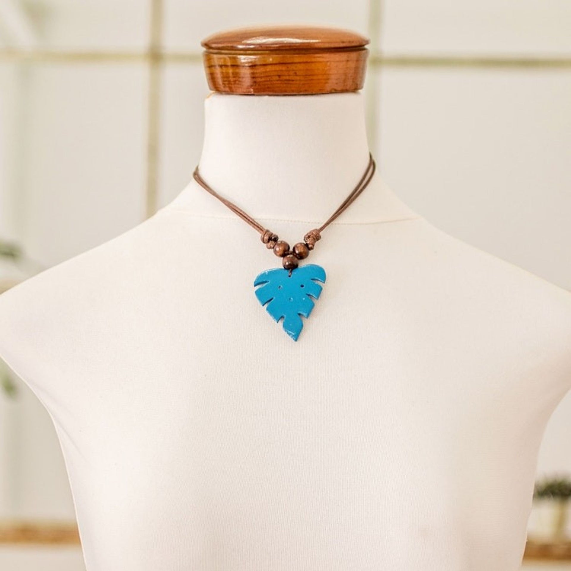 Leafy Blue Calabash Gourd Pendant Necklace with Wood Beads 'Jungle Blue'