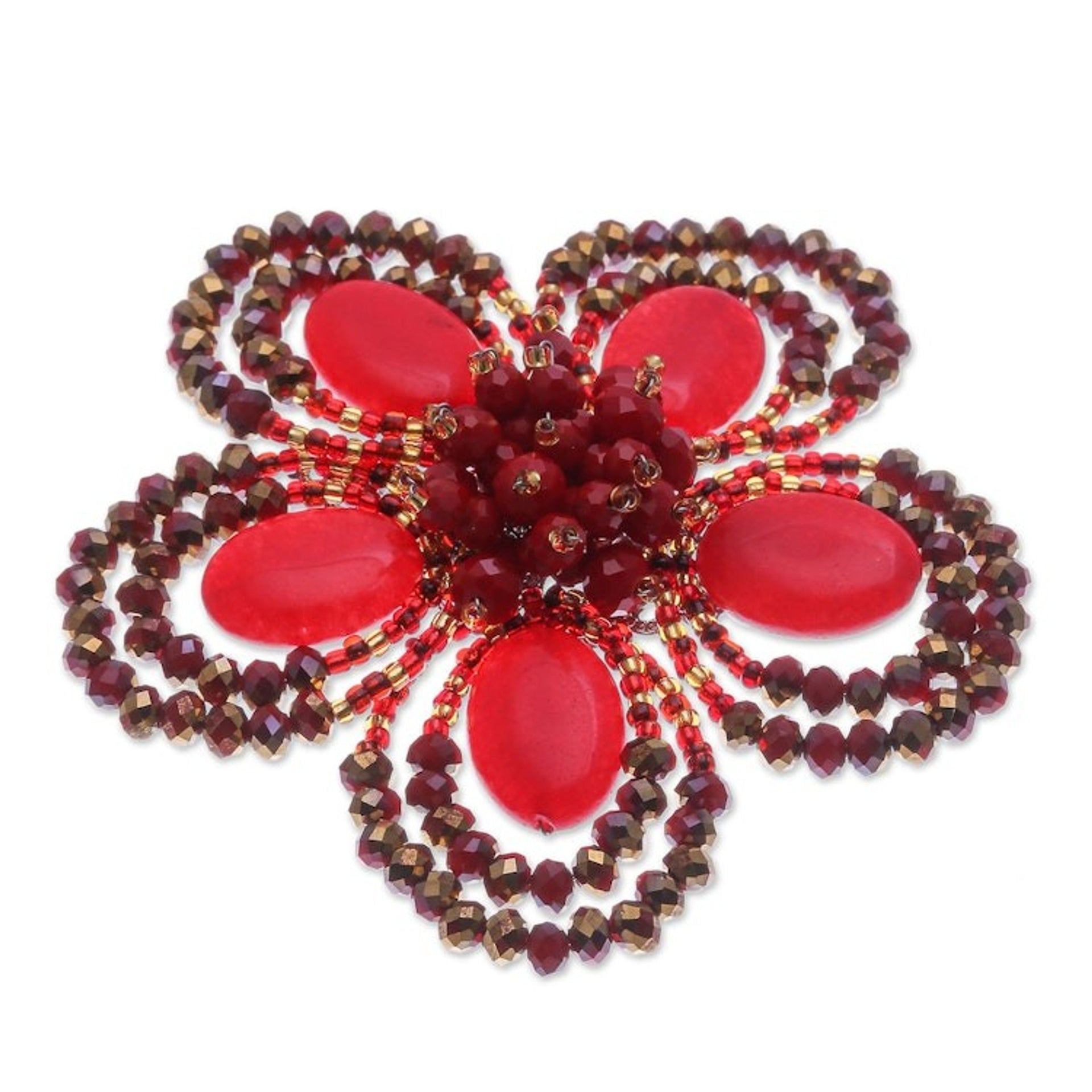 Handcrafted Floral Red Quartz and Glass Beaded Brooch Pin 'Spring in Love'