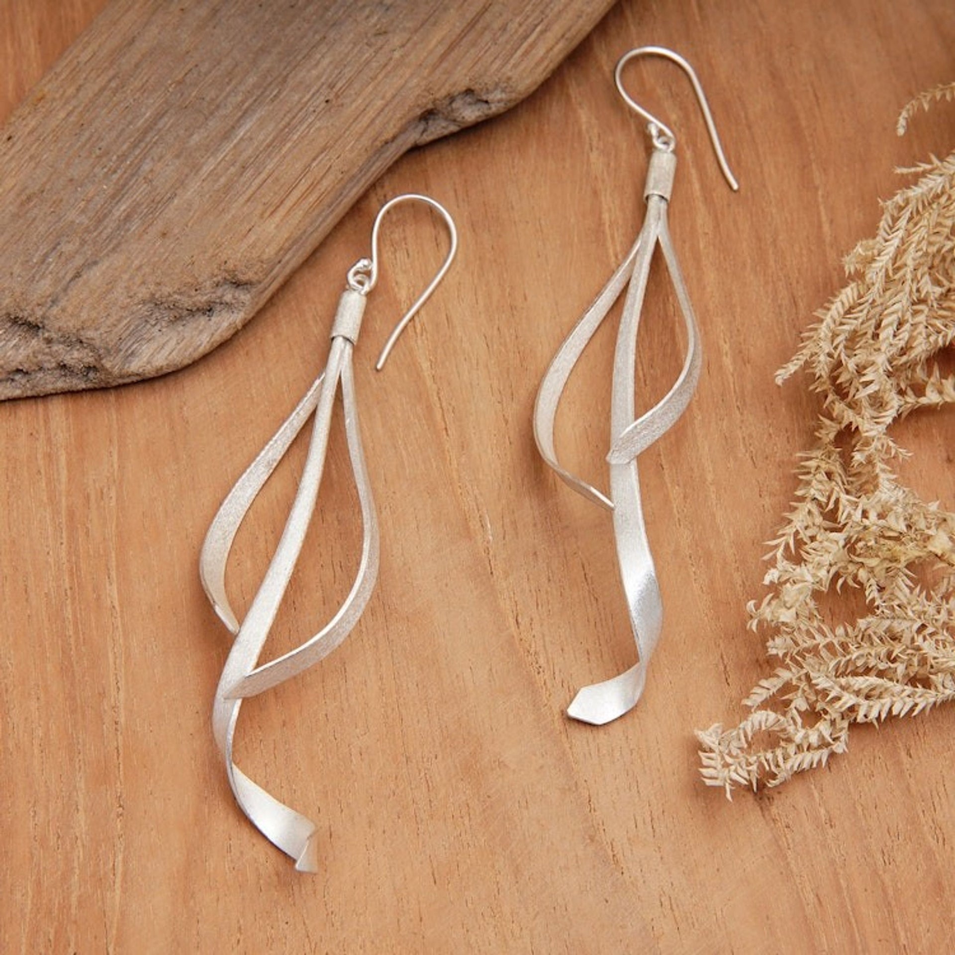 Abstract Matte-Finished Sterling Silver Dangle Earrings 'Celestial Ribbons'