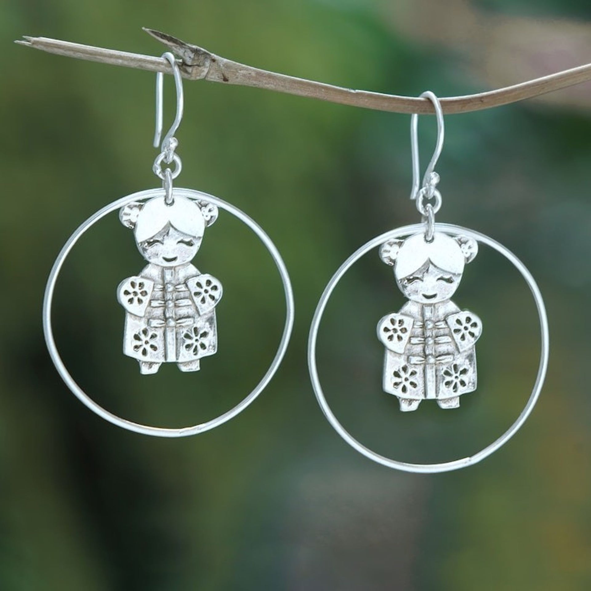 Whimsical Round Sterling Silver Dangle Earrings 'Sweet Greetings'