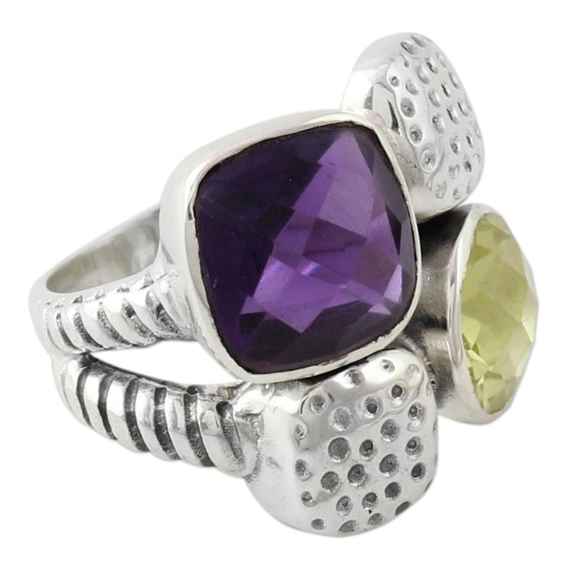 Handmade Amethyst and Lemon Quartz Sterling Silver Ring 'Sparkling Temptation'