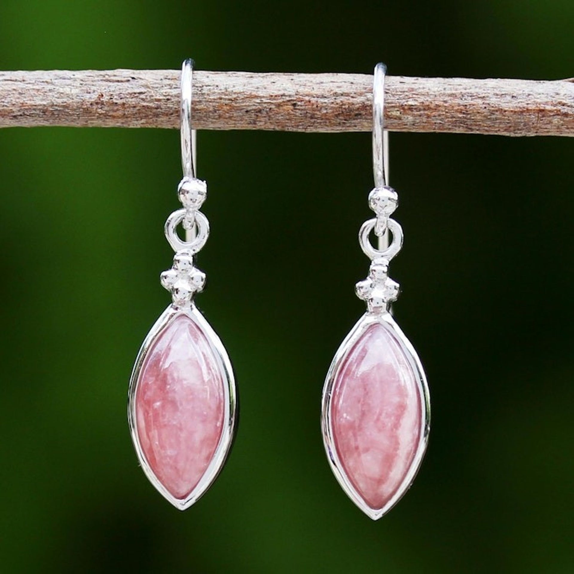 Rhodium Plated Rhodochrosite Dangle Earrings from Thailand 'Knowing Eyes'