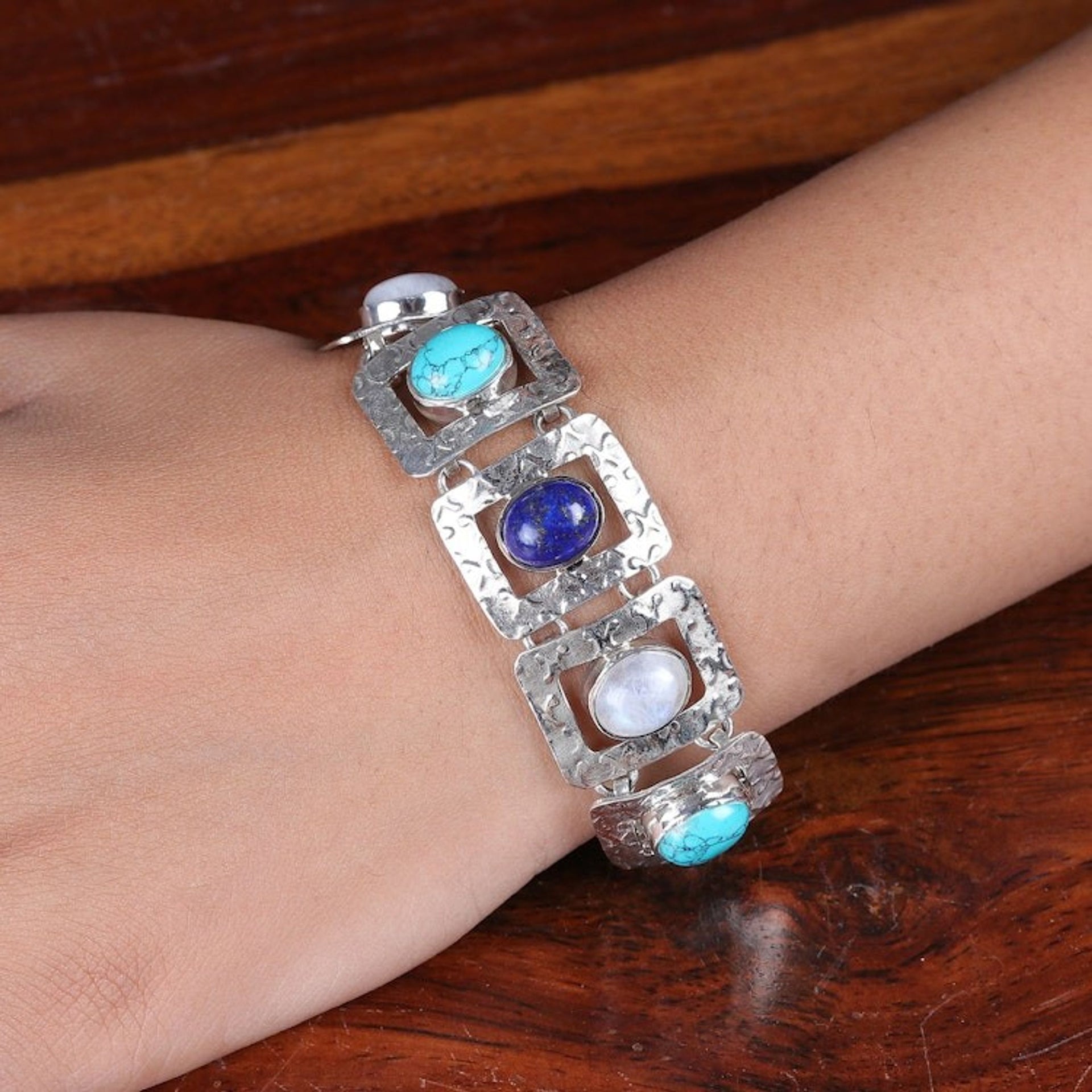 Avant-Garde Blue Multi-Gemstone Link Bracelet Made in India 'Ocean Windows'