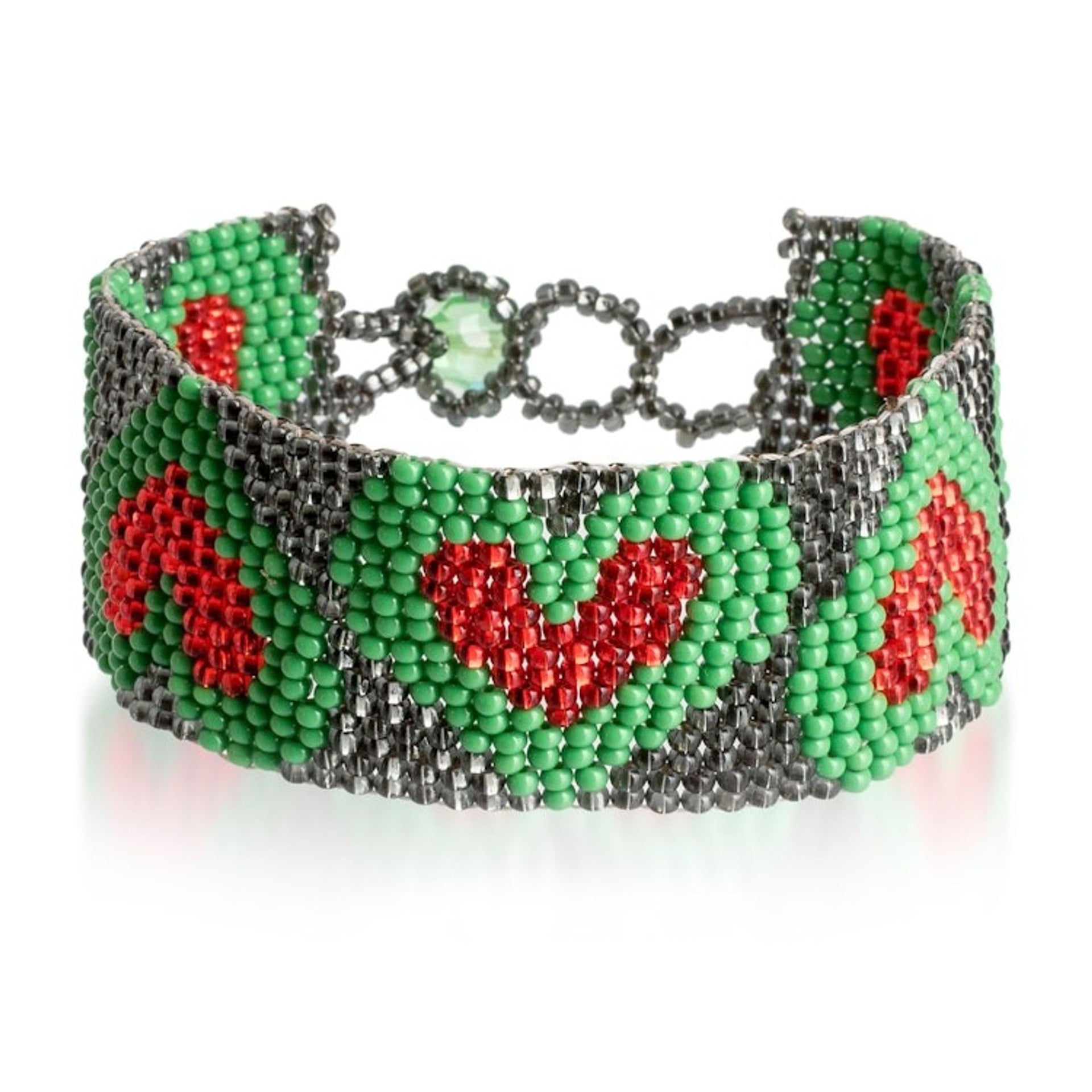 Adjustable Grey Red Green Beaded Bracelet with Heart Theme 'Green Queen of Hearts'