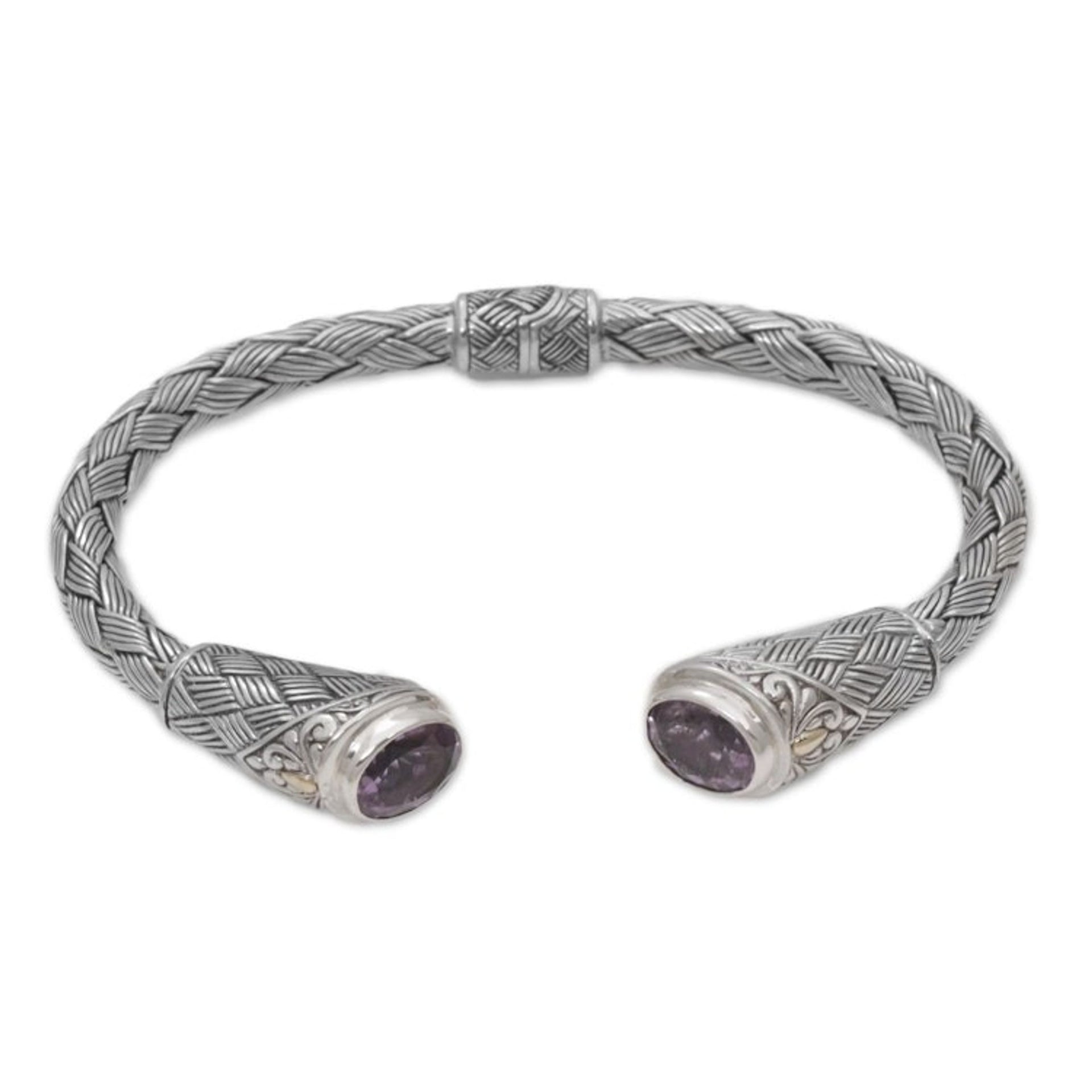 Gold Accent Amethyst and Silver Cuff Bracelet from Indonesia 'Bamboo Wicker'