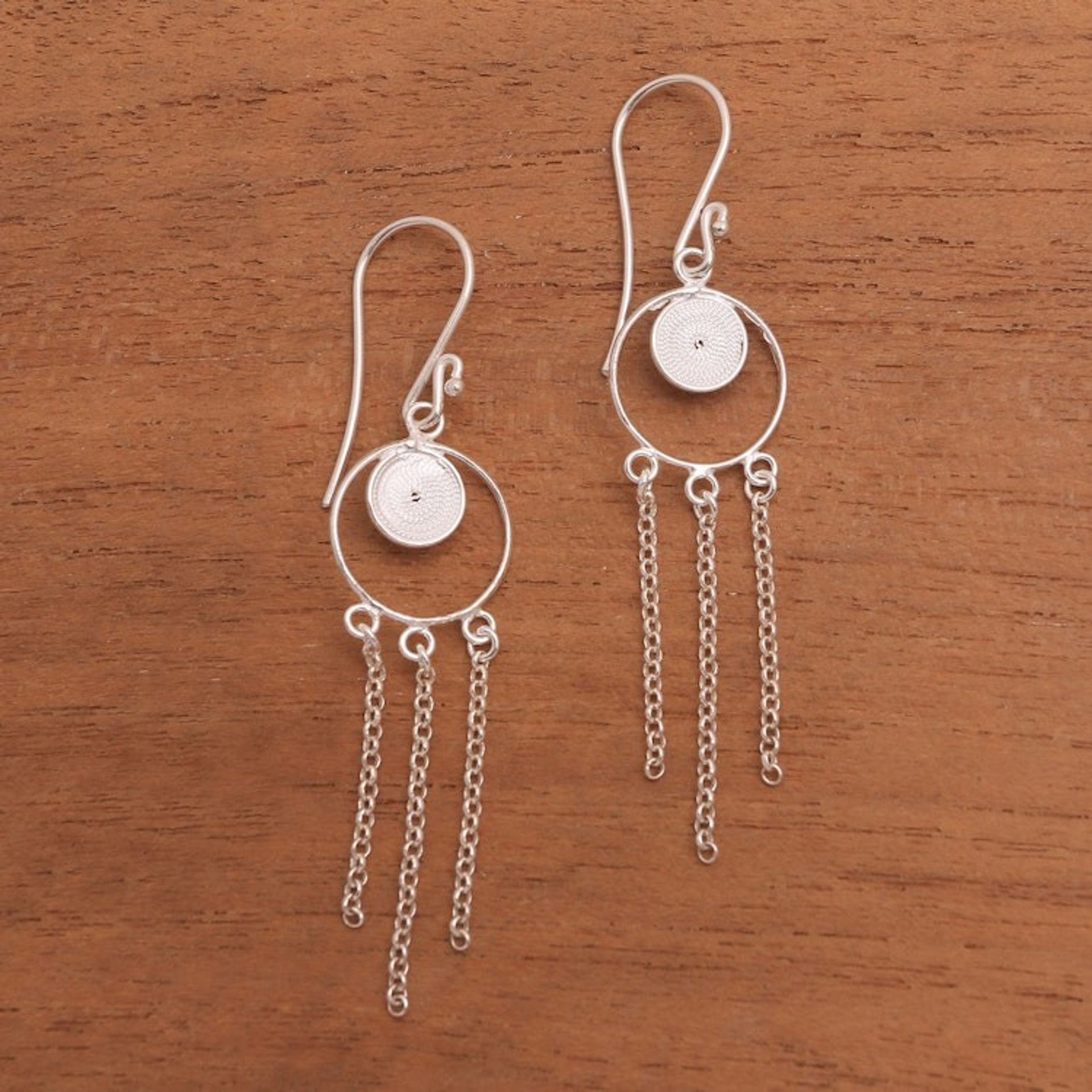 Circular Sterling Silver Filigree Chandelier Earrings 'Delightful Circles'