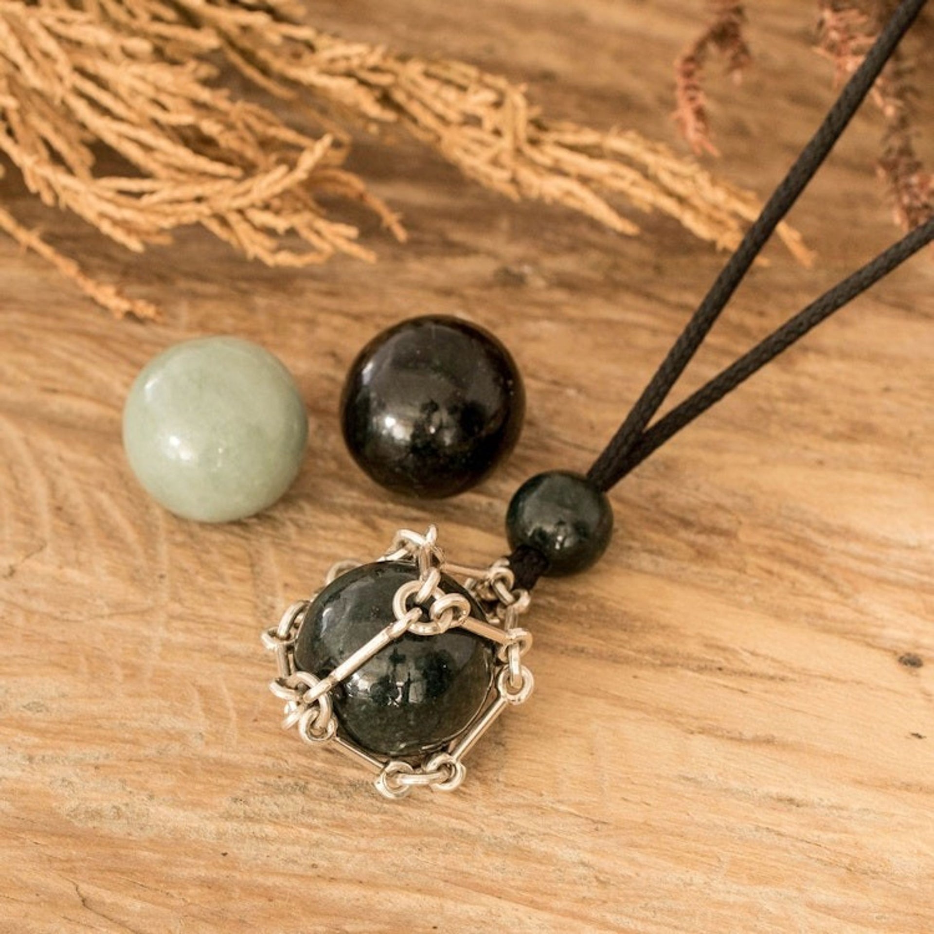 Archangel-Themed Harmony Ball Necklace with 3 Jade Gemstones 'Celestial Spirits'