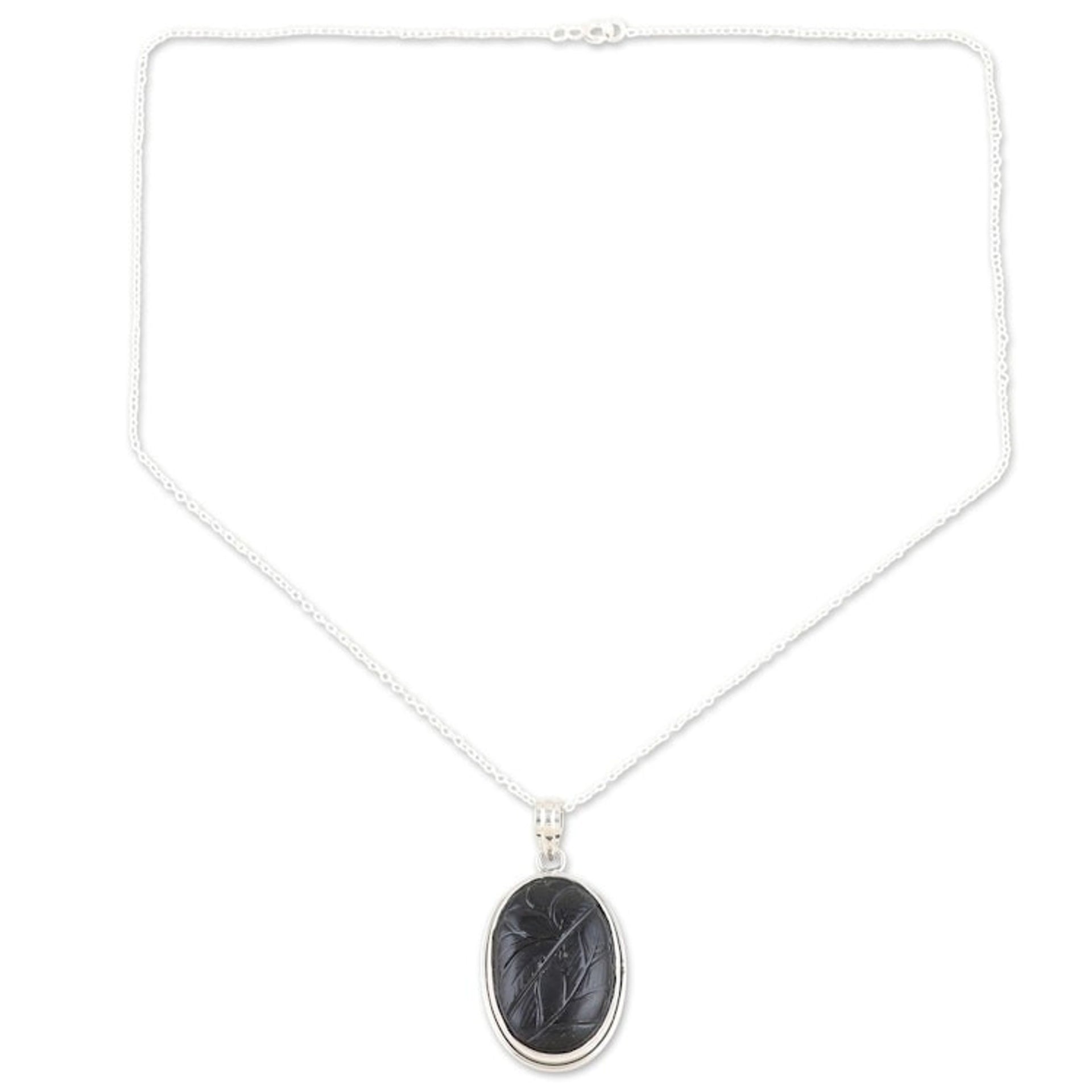 Sterling Silver Pendant Necklace with Black Onyx from India 'Leaf Rapture'