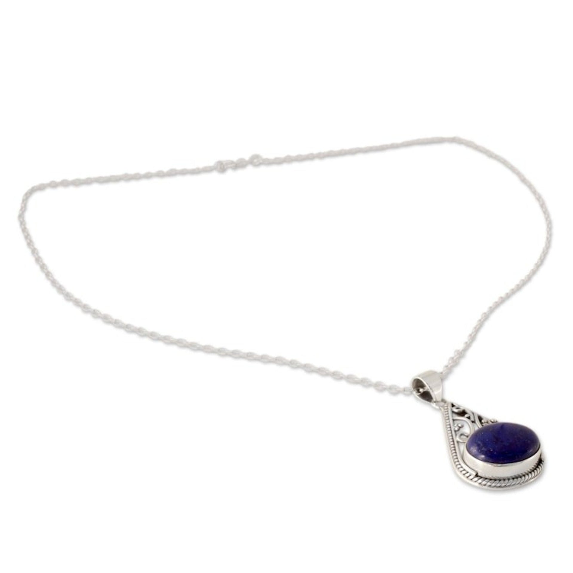 Indian Jali Style Silver Pendant Necklace with Lapis Lazuli 'Royal Grandeur'