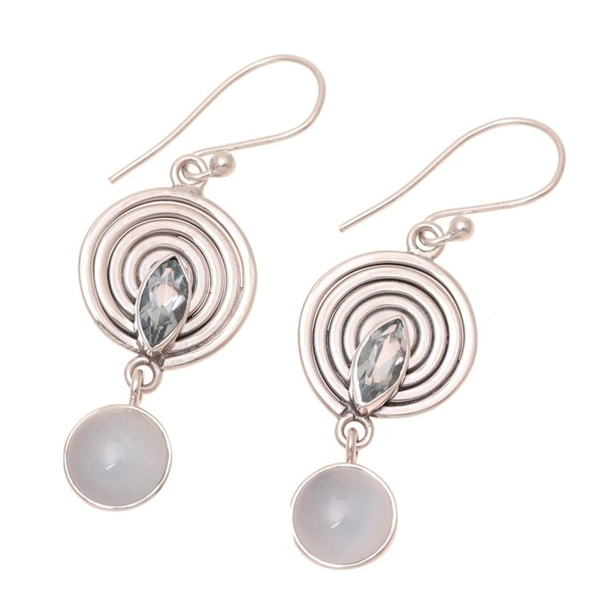 Blue Topaz and Chalcedony Dangle Earrings from India 'Wonderful Spiral'